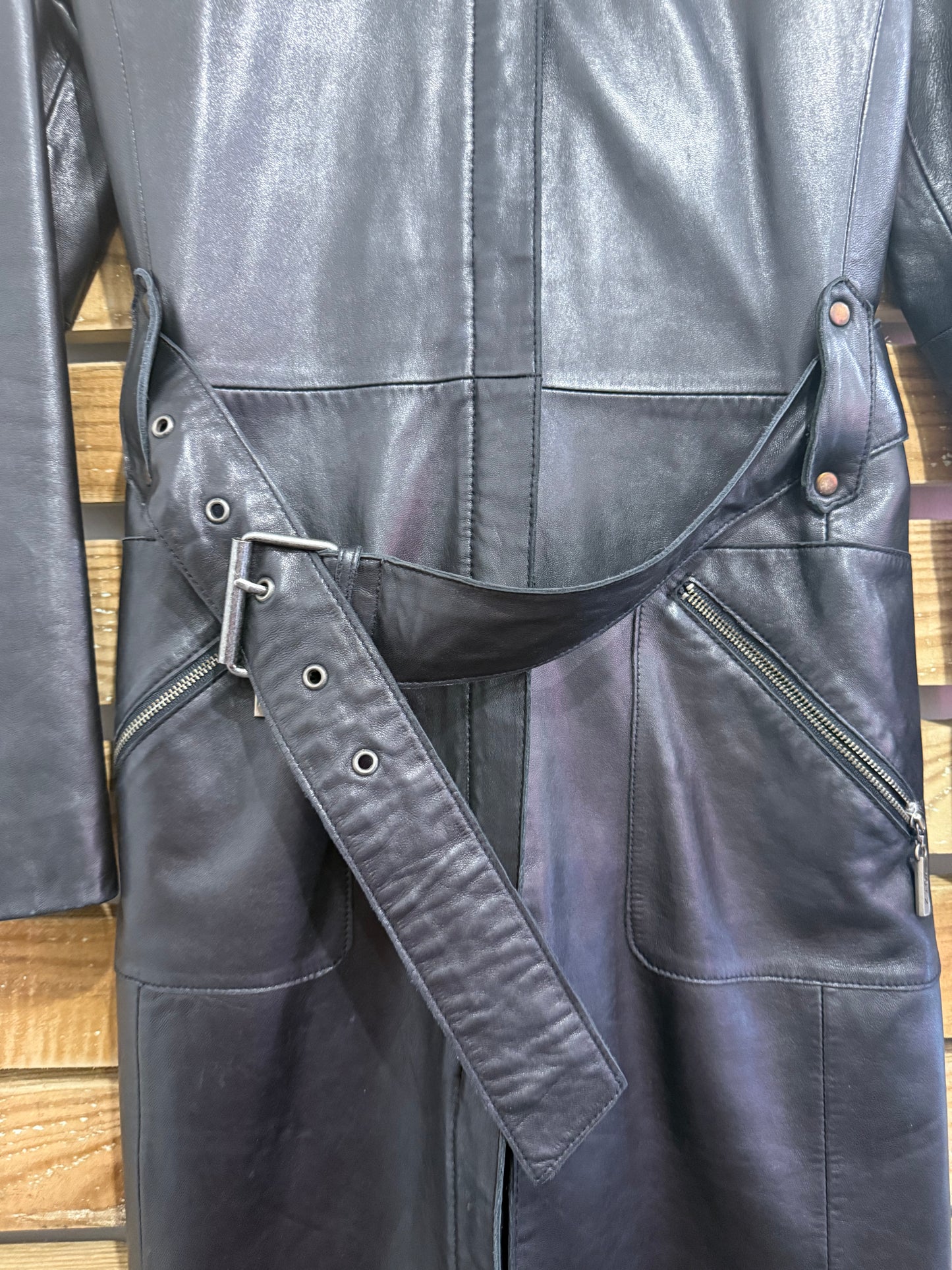 Vintage Y2K long leather belted jacket/ coat. Size 10