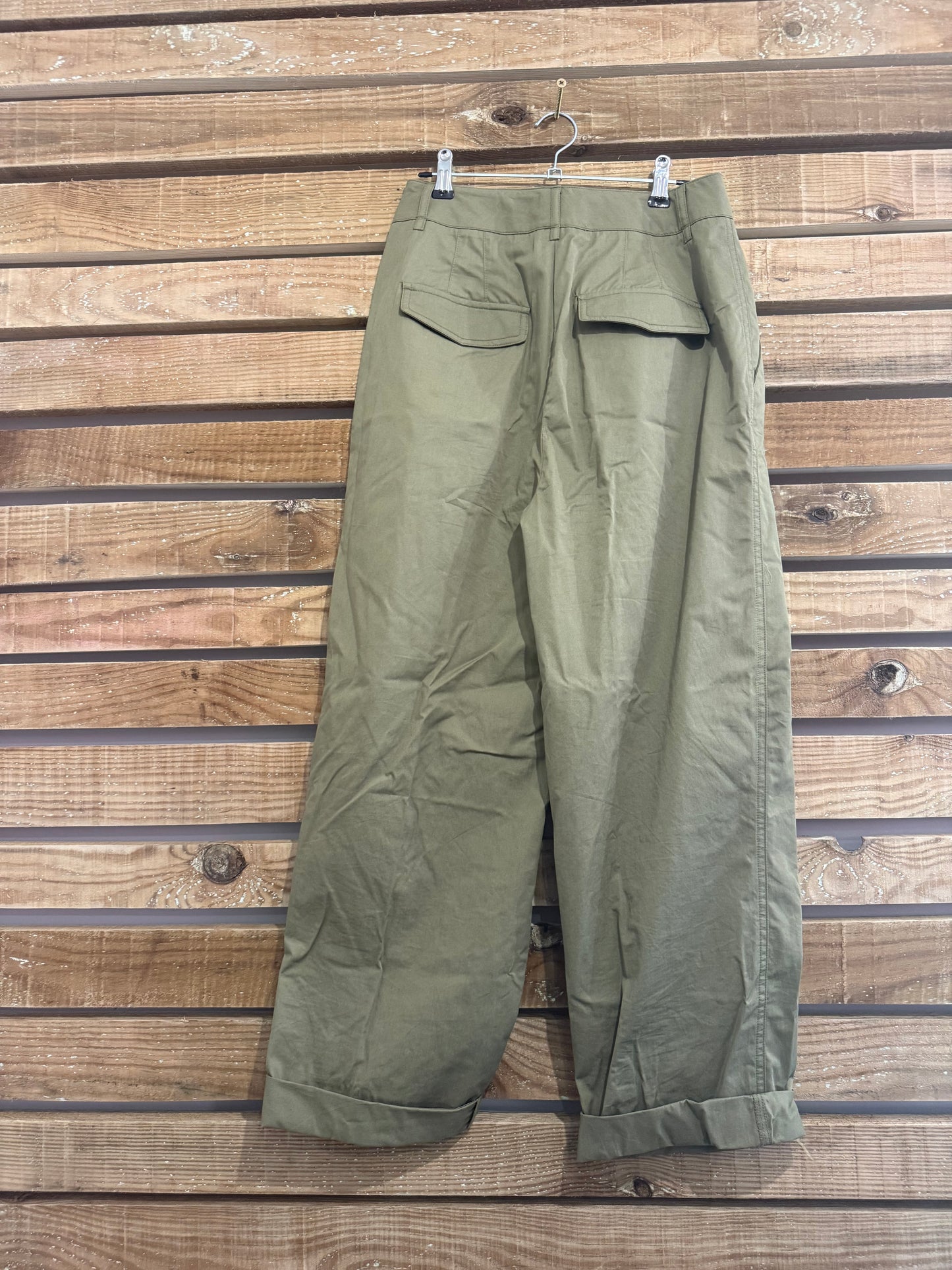 Mint Velvet khaki tapered trousers. Size UK8, 26” waist.