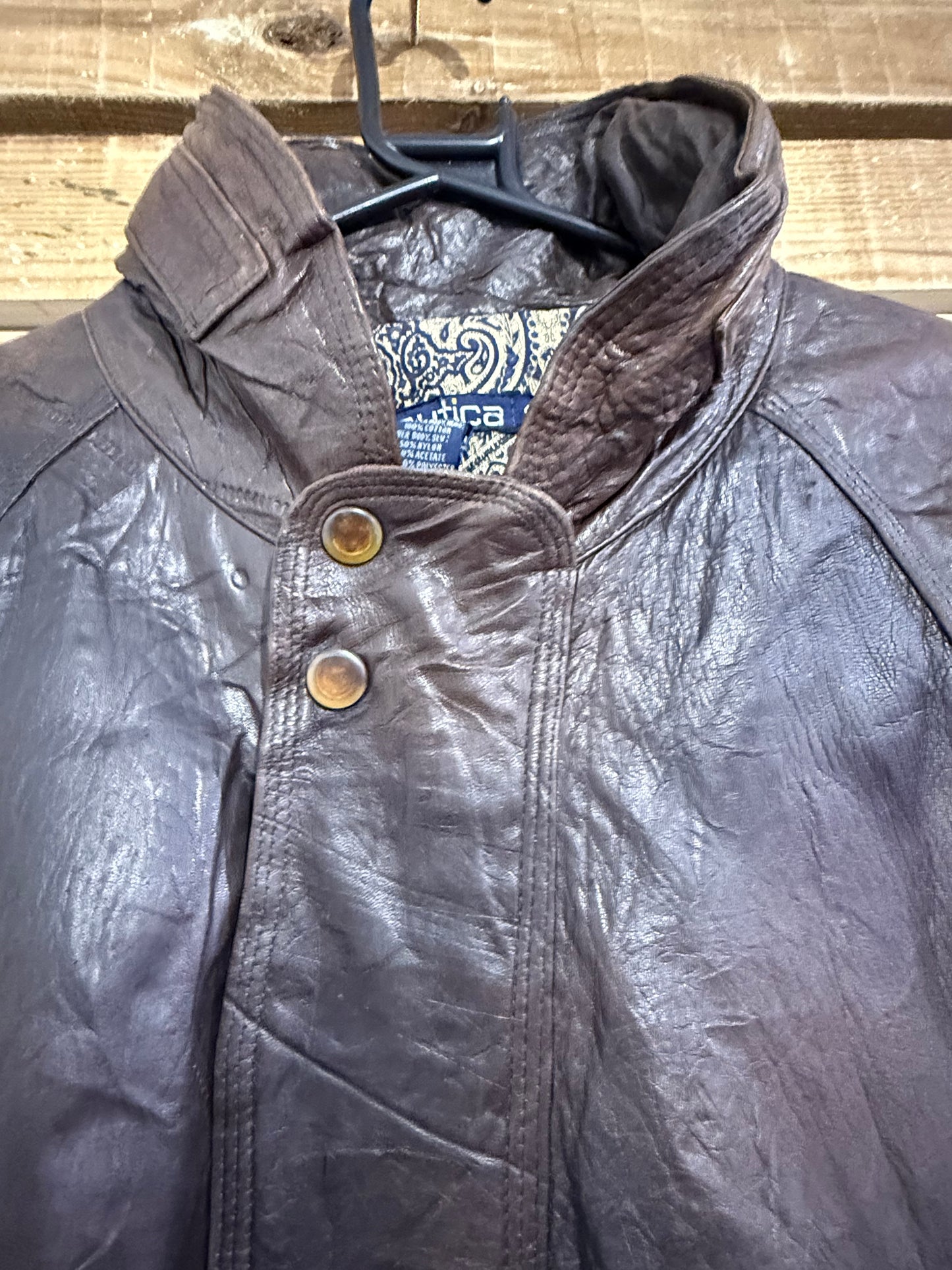 Vintage 90s Nautica leather bomber jacket. Brown. Size Large.
