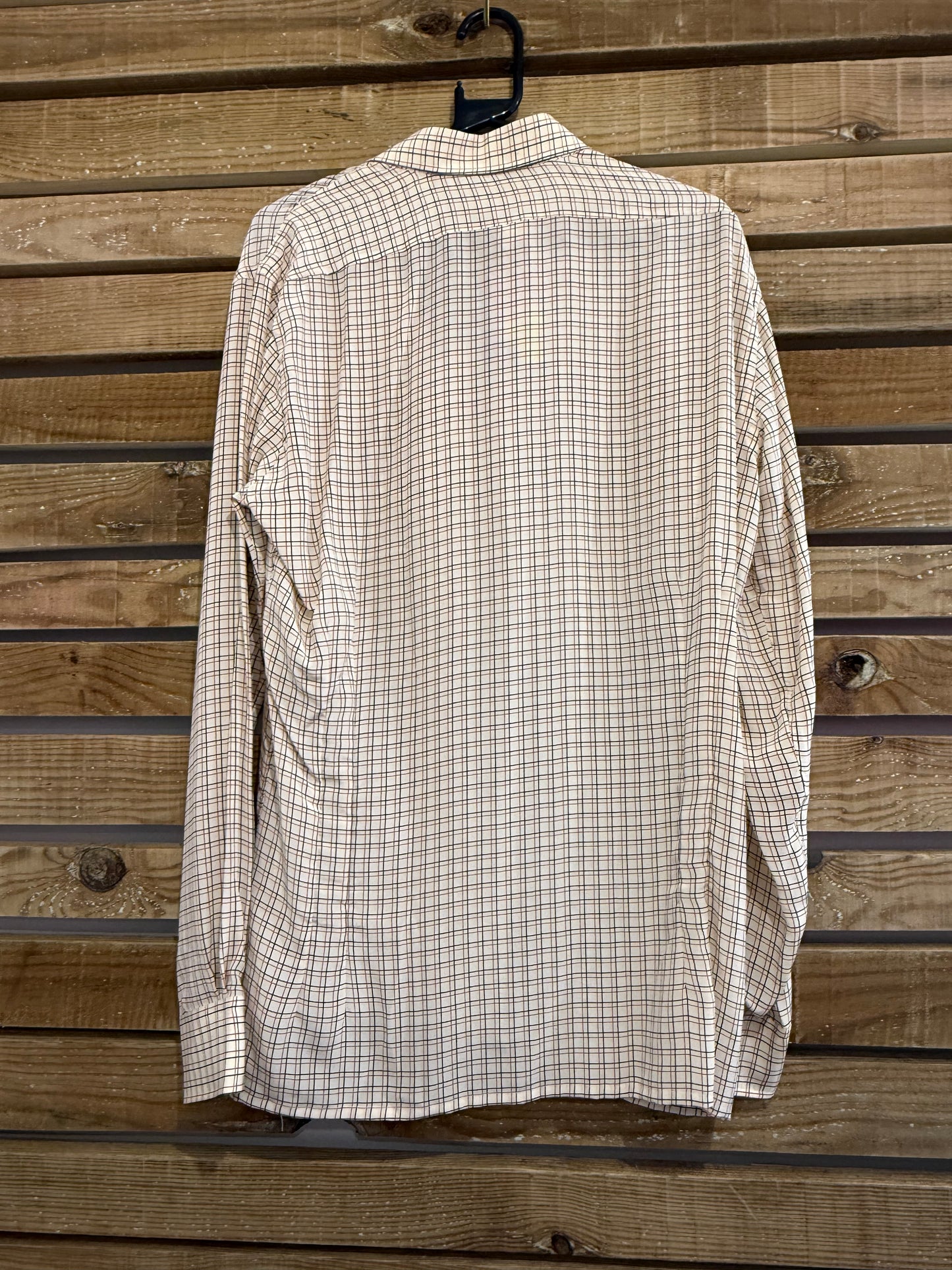 Vintage 80s deadstock crepe de silk checked cream patterned button up shirt. Size Large.
