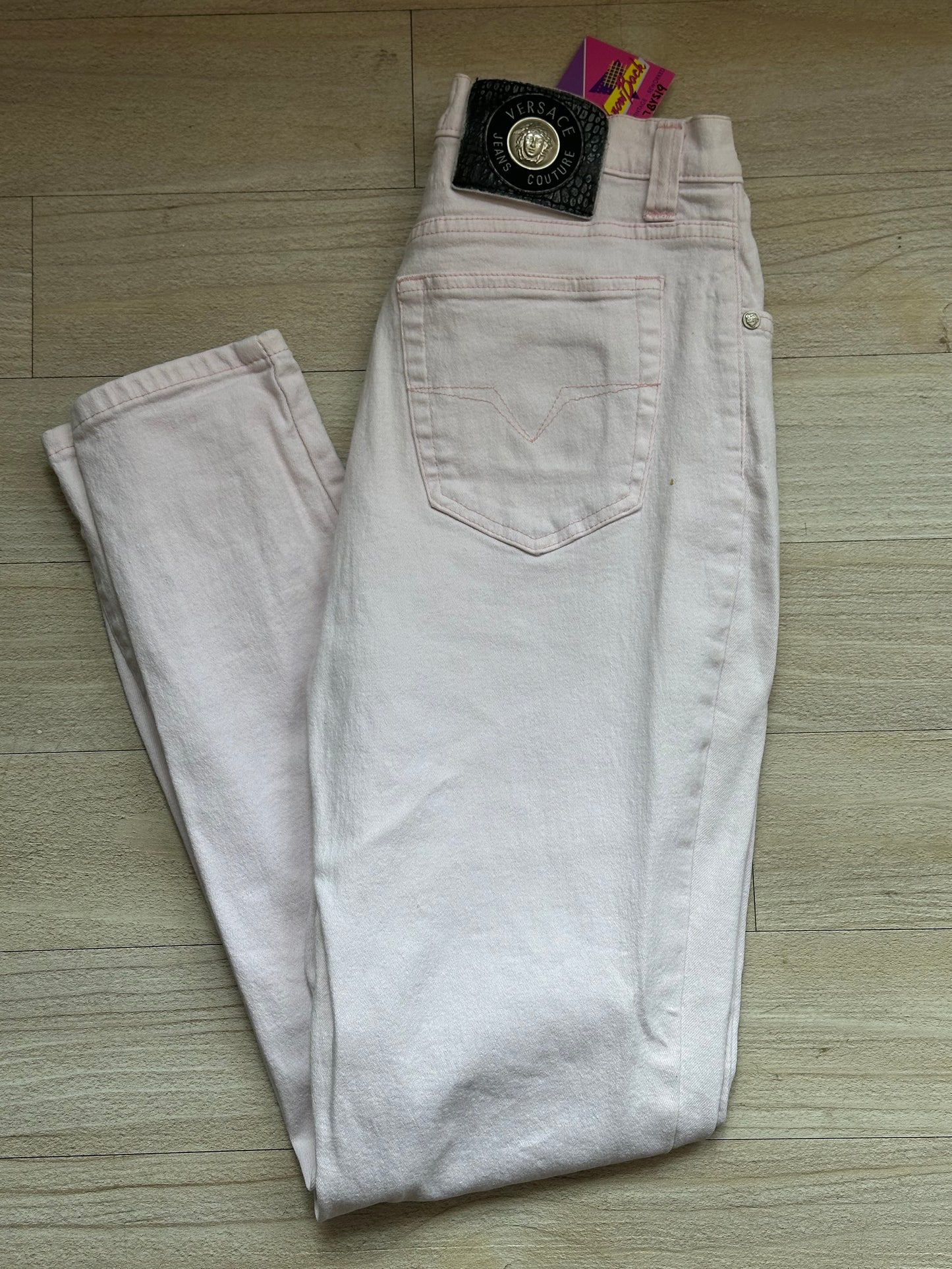 Vintage 90s Versace pink jeans. Medusa. 25” waist, 29.5” leg.