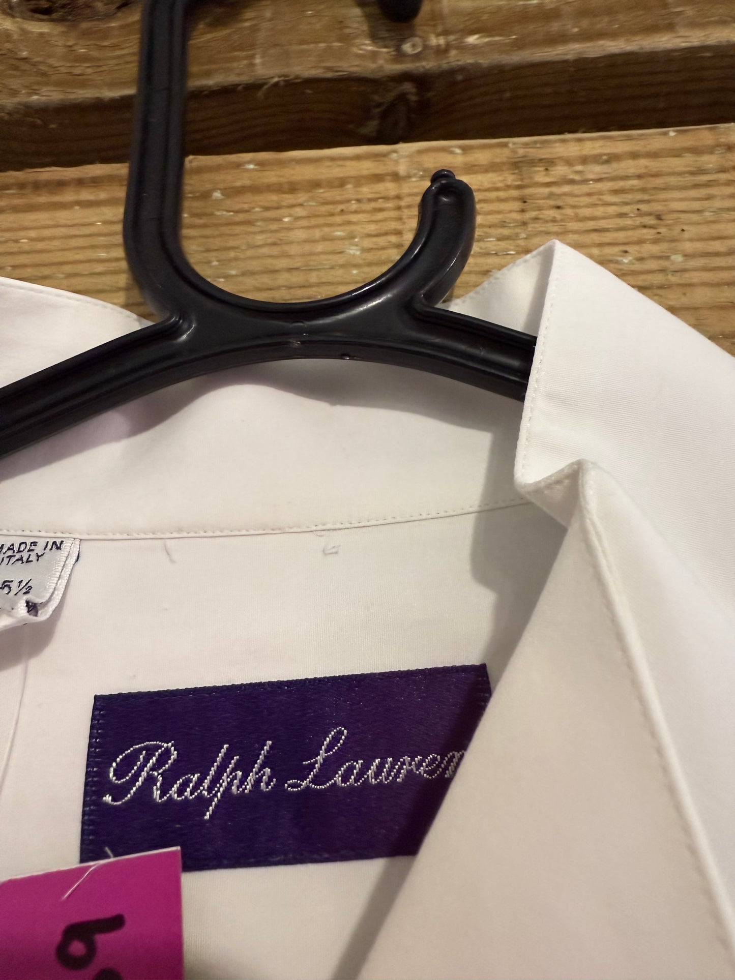 Ralph Lauren purple label white Dress Shirt - French Cuffs, Size 15.5 collar. Size Large. Black tie.