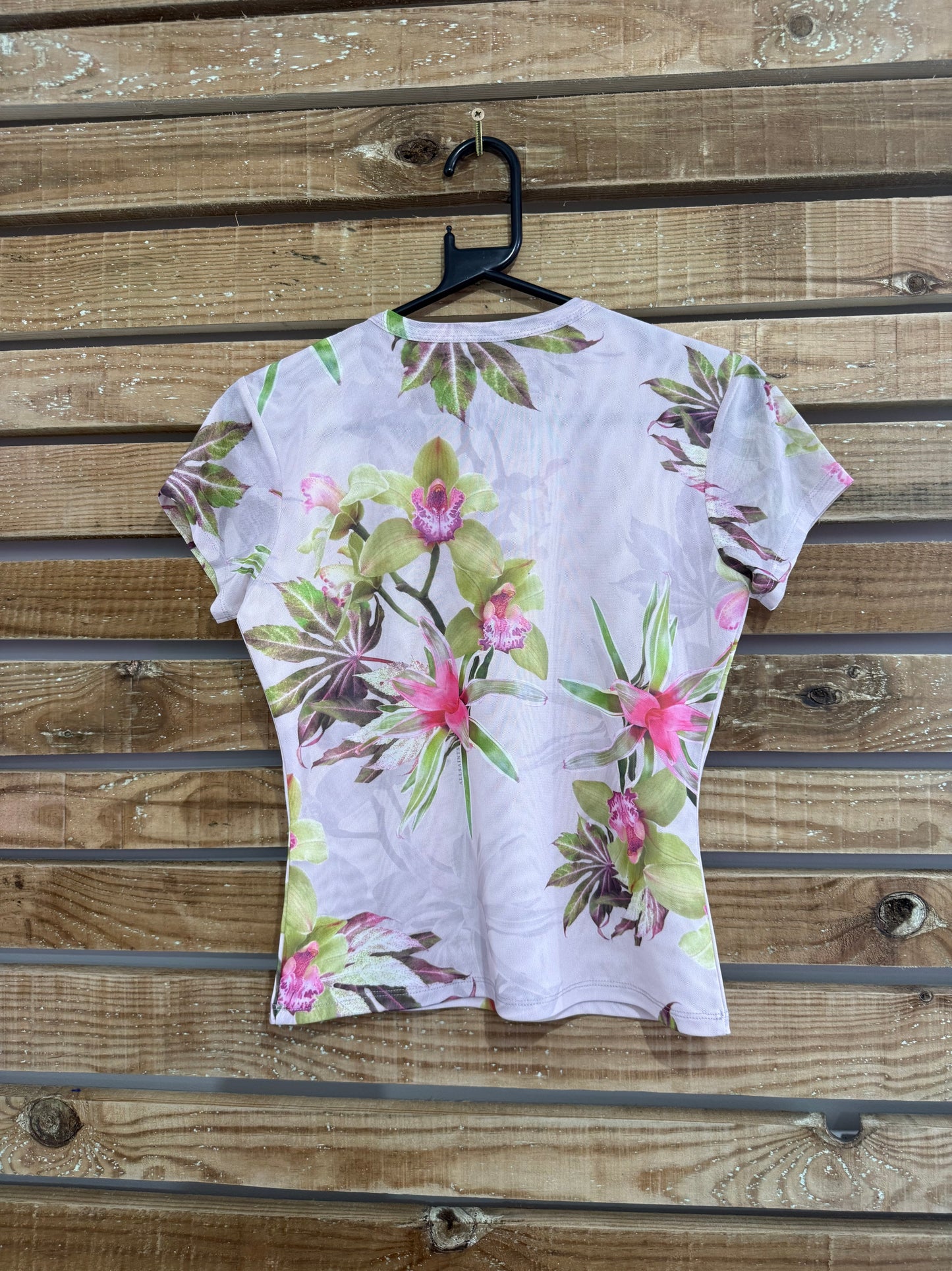 AllSaints Pink Ellie Pink Floral Print Mesh T-Shirt. Size UK10.