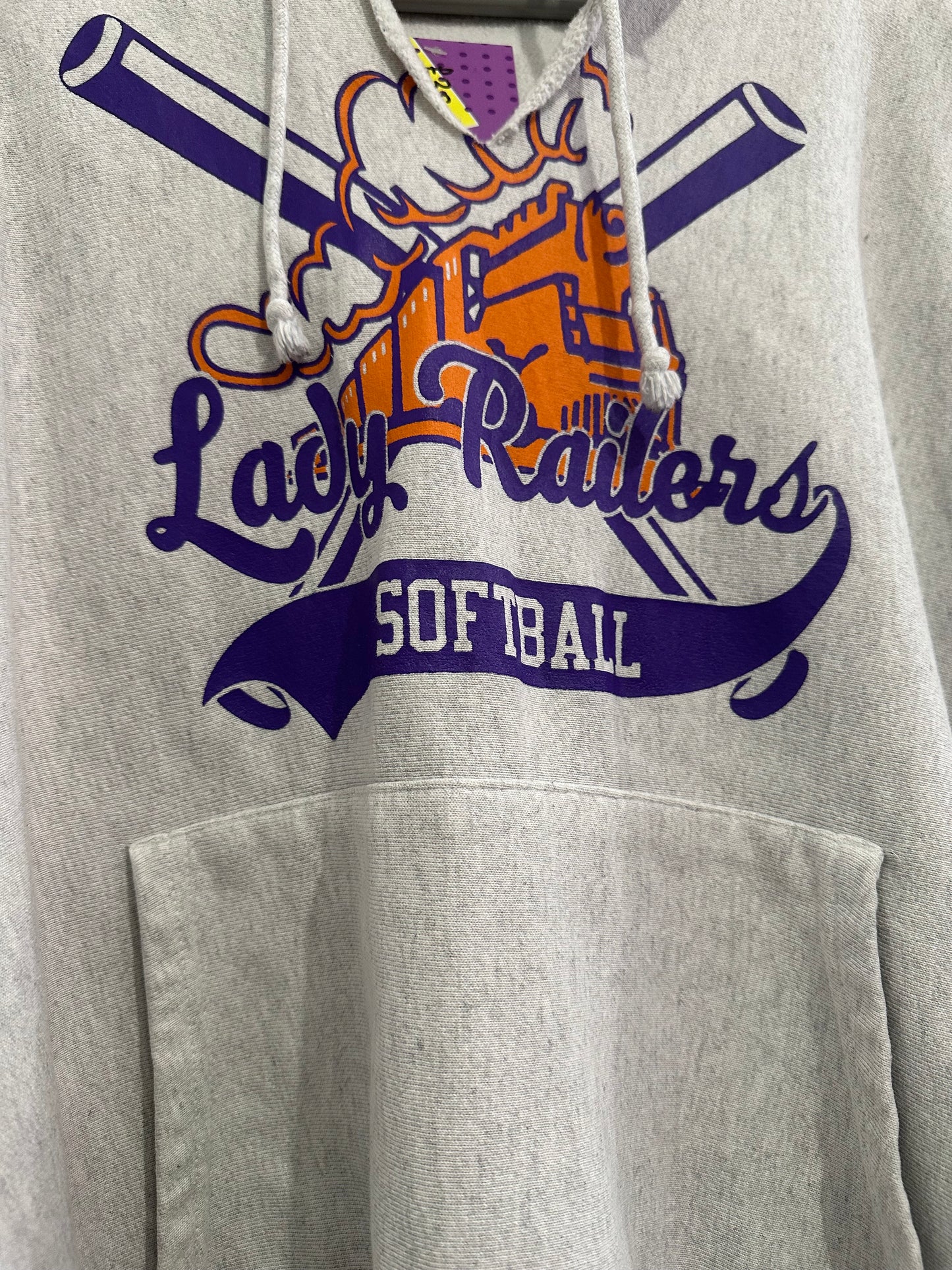 Vintage 90s Champion Reverse Weave Lady Railers Softball hoodie/ hooded sweater. USA/ American. Grey Size Large
