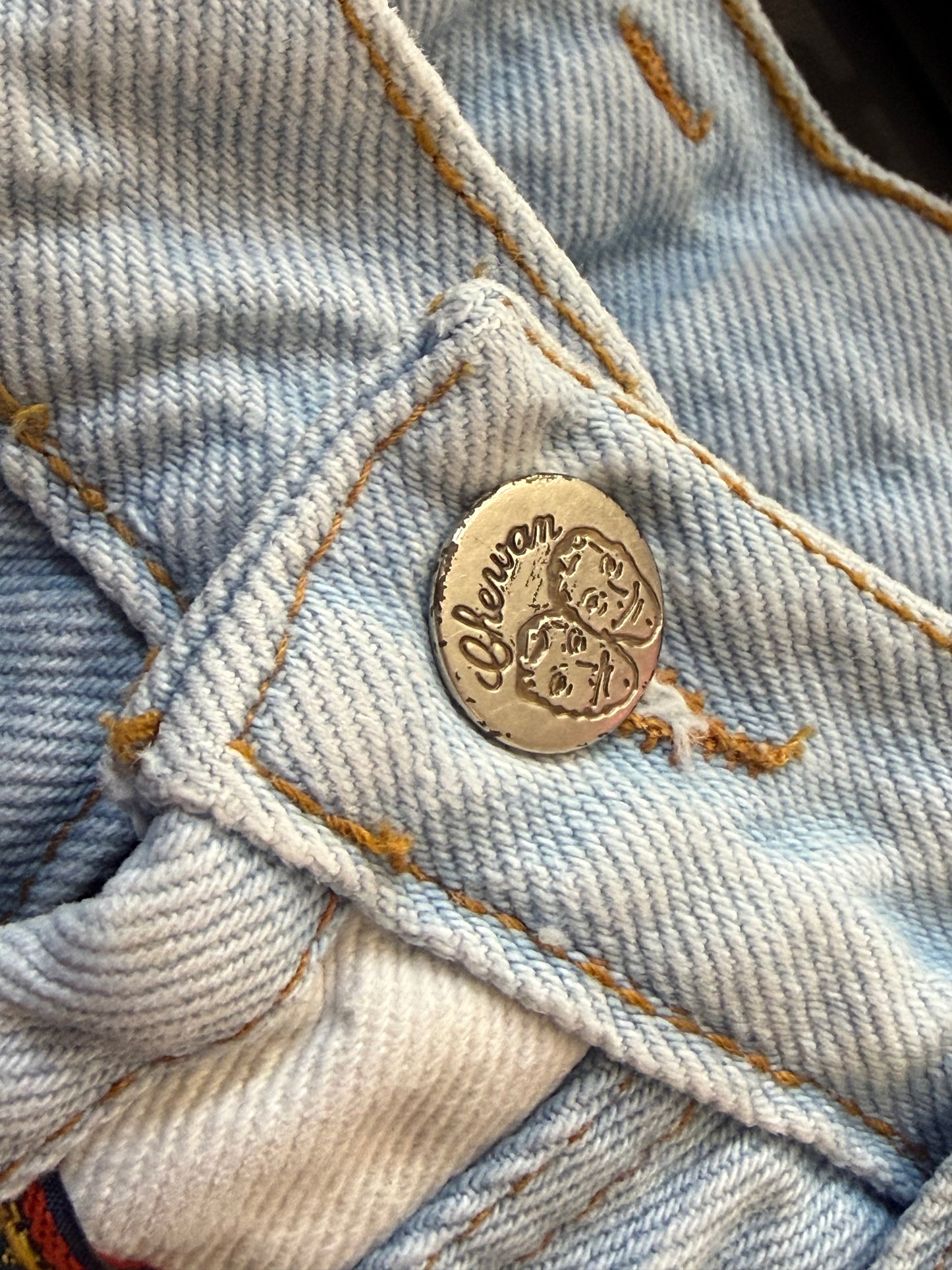 Vintage 90s Chewan patched denim shorts. Jorts. Hip-hop/skate. Waist 25”
