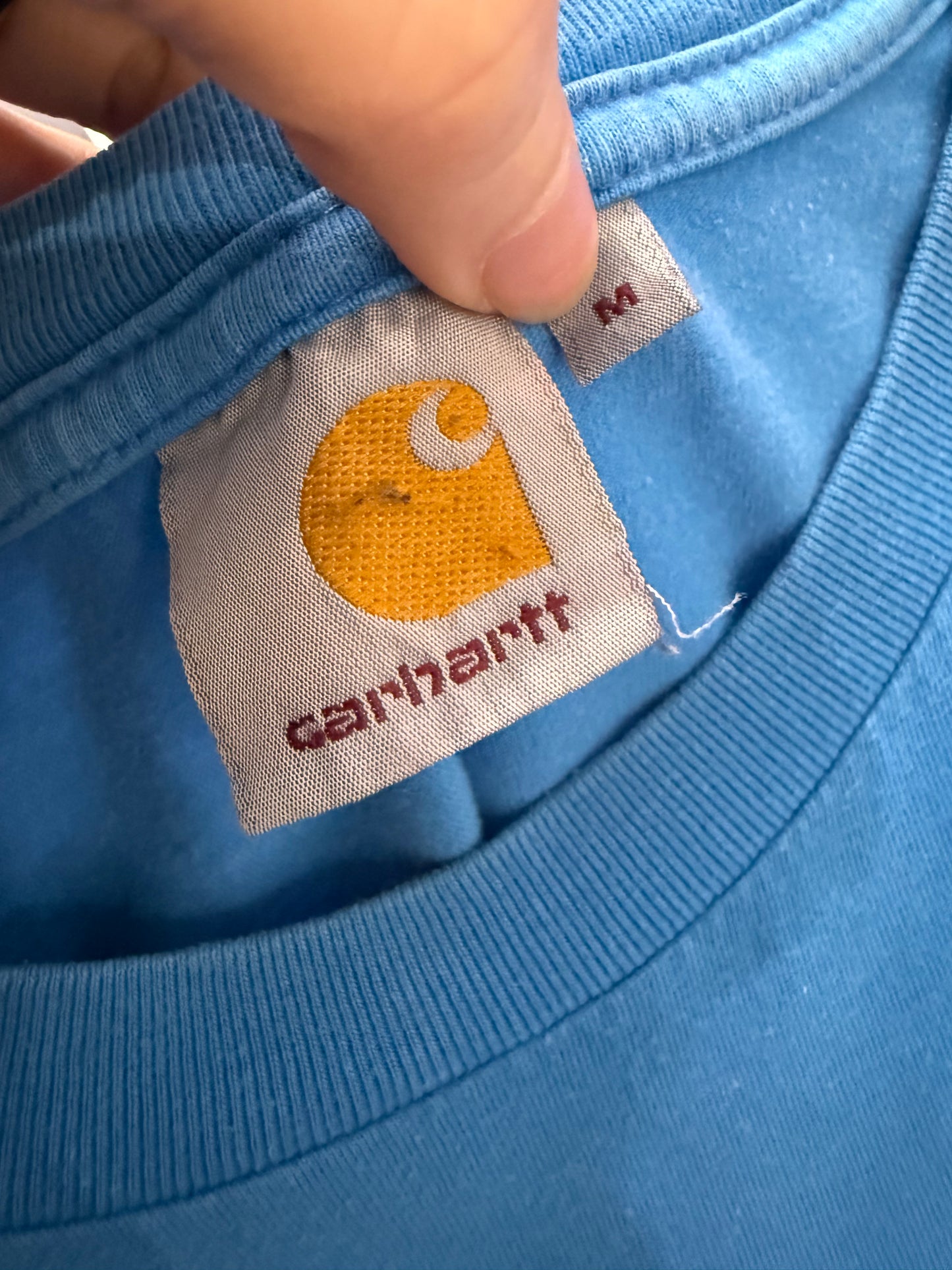 Vintage 90s Carhartt spell-out motif t-shirt. Blue. Workwear/ cowboy/ USA. Size Medium