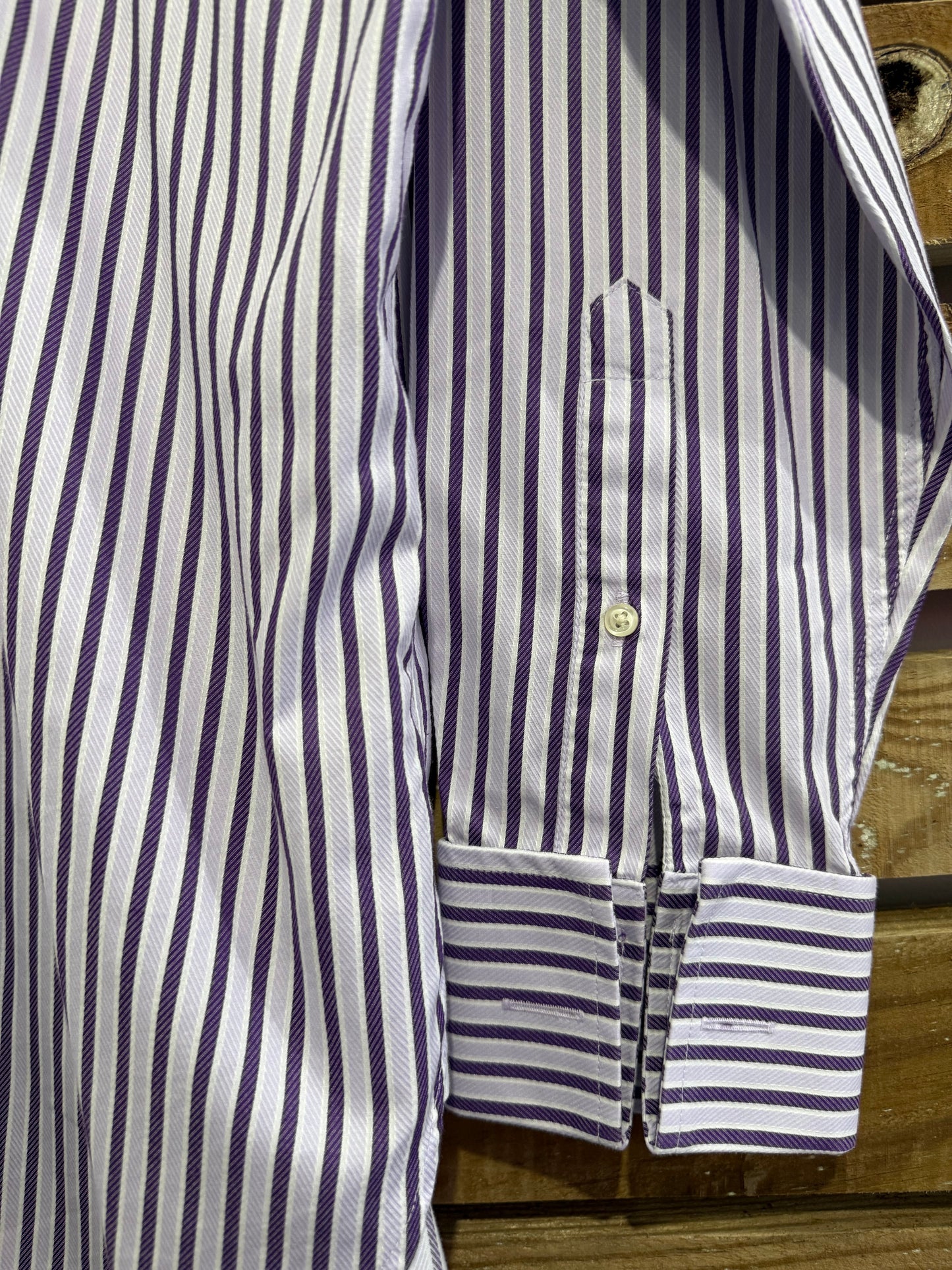 Racing Green striped shirt. Purple. 16” collar. Size Large.