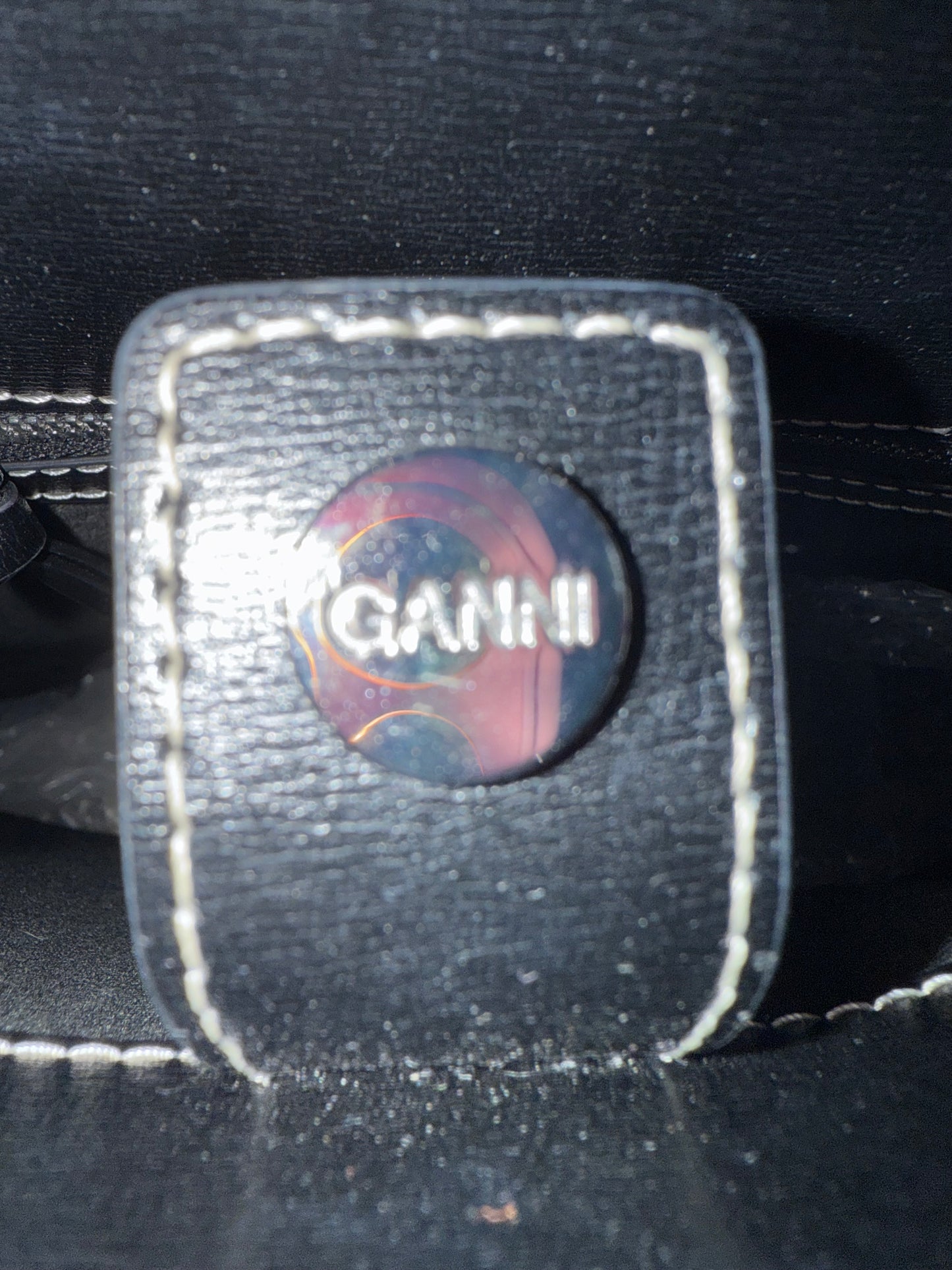 Ganni recycled leather banner tote bag.
