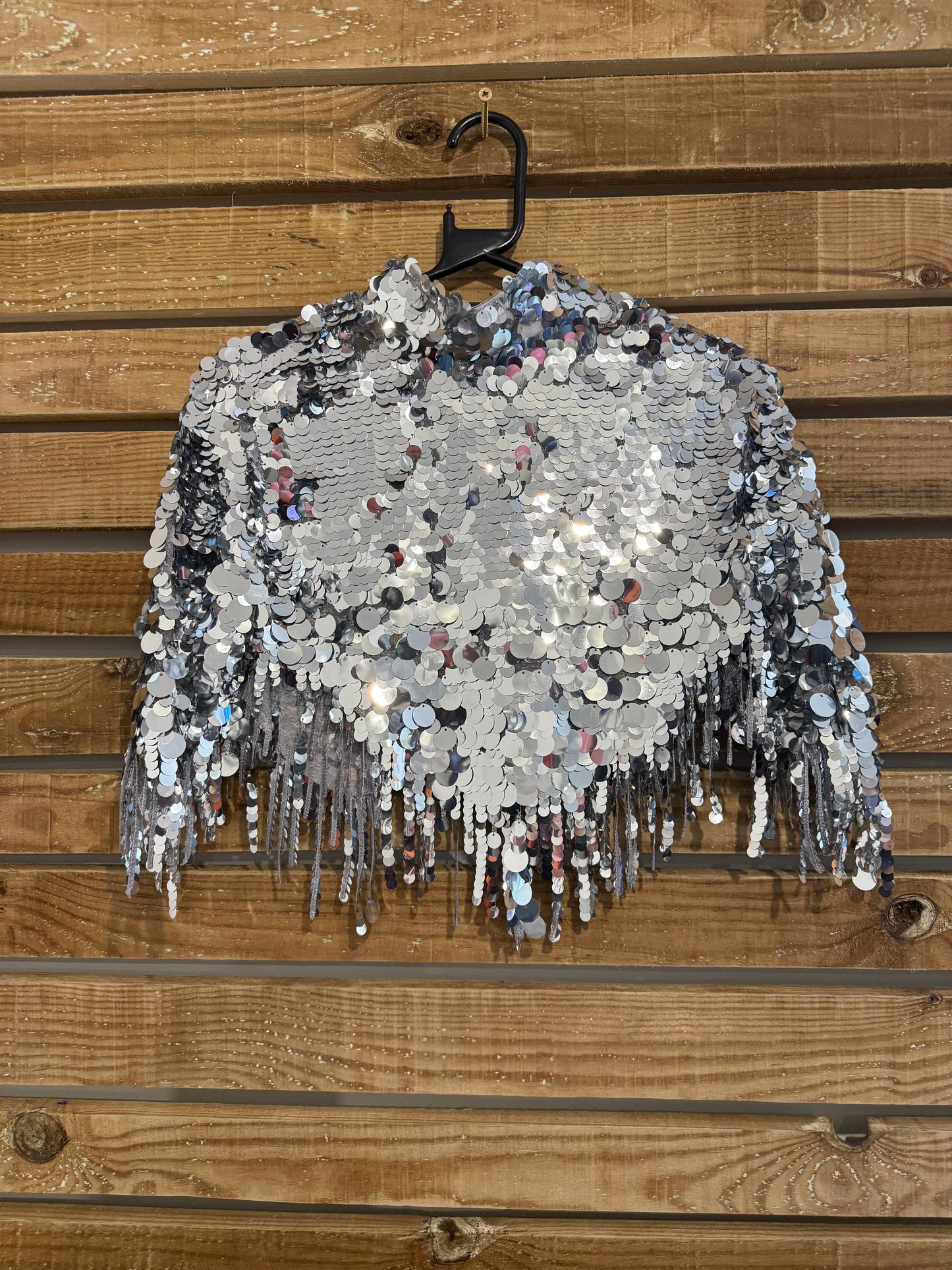 BNWT Zara cape/ shrug sequin jacket. Fringed. Silver. Festival/ summer/ party. Size Small-medium.