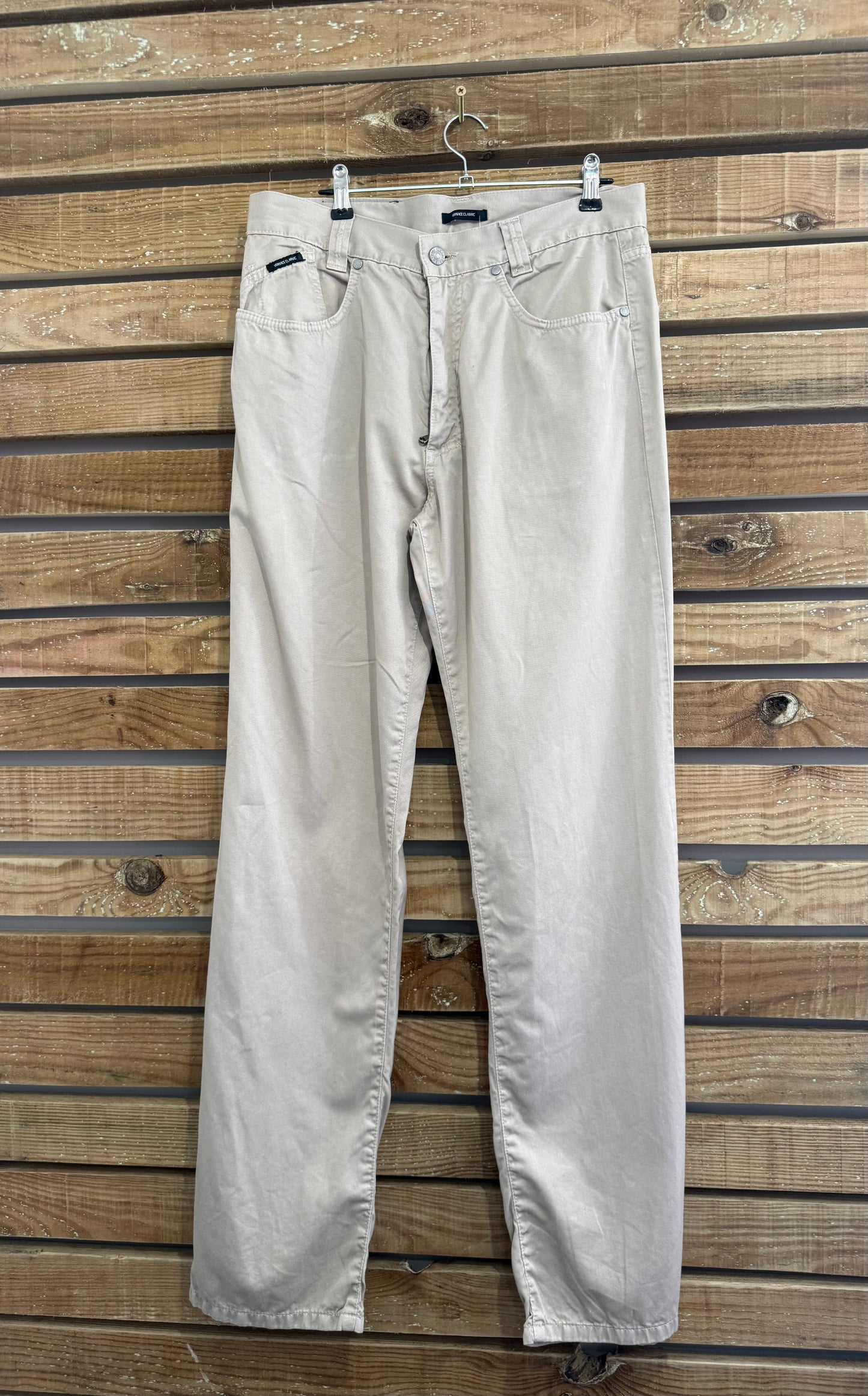 Vintage 90s Versace beige pants/ trousers. Jean style. 31” waist, 33” leg.