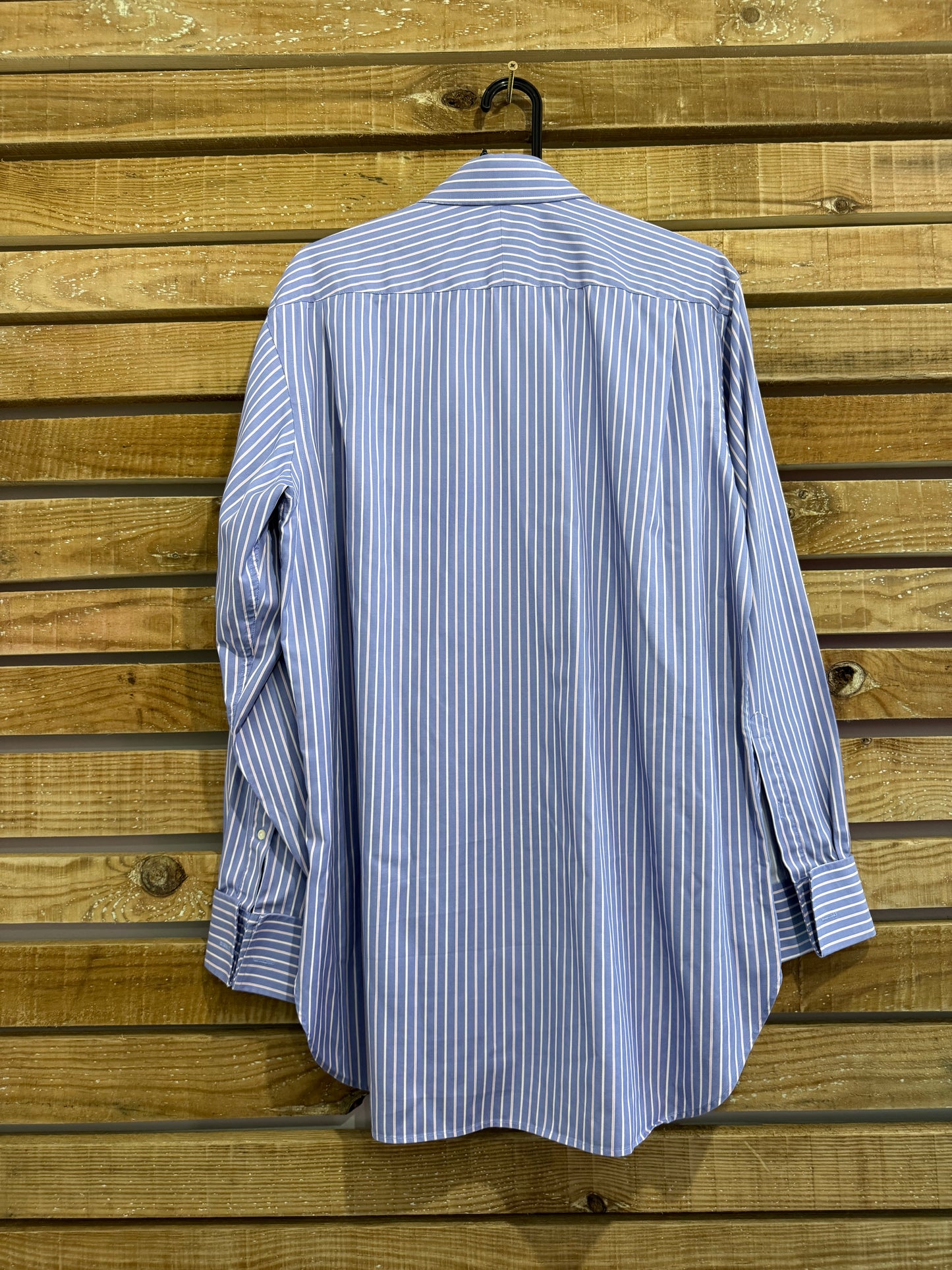 Racing Green striped shirt. Blue. 16” collar. Size Large.