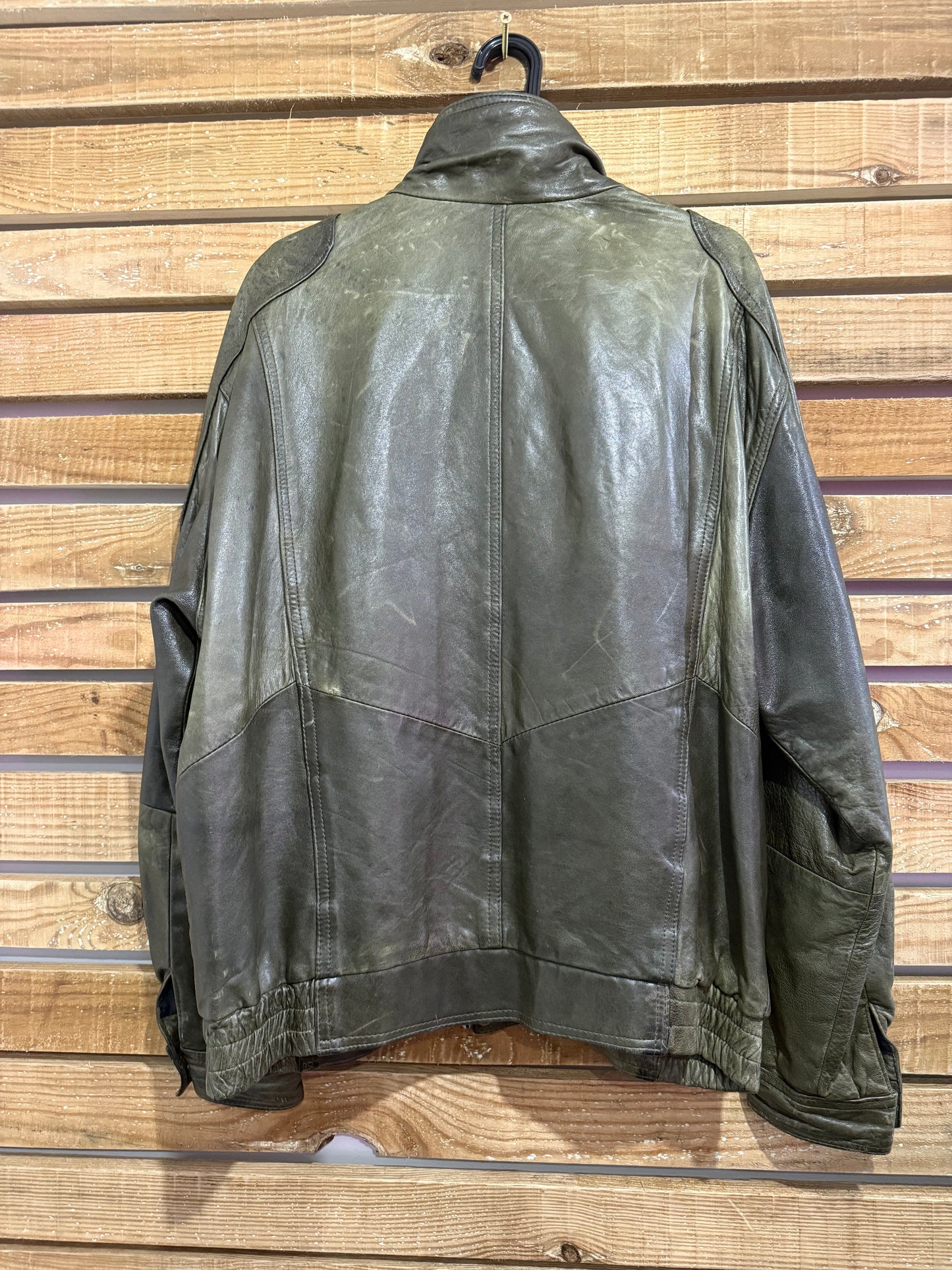 Vintage 90s leather biker bomber jacket. Green. Size XL. Grunge.