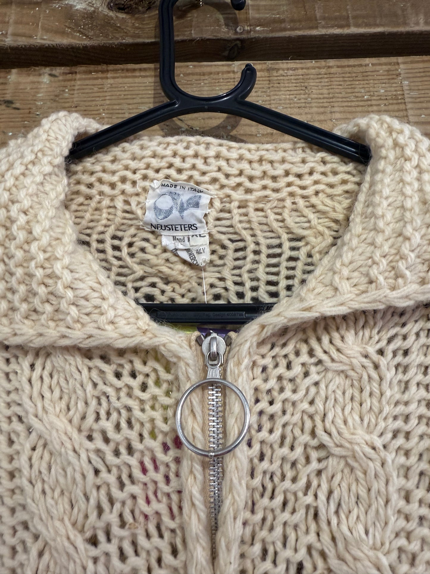 Vintage 50s zip up aran cable Knit Jumper/ cardigan. Collared. Rockabilly. Size Large.