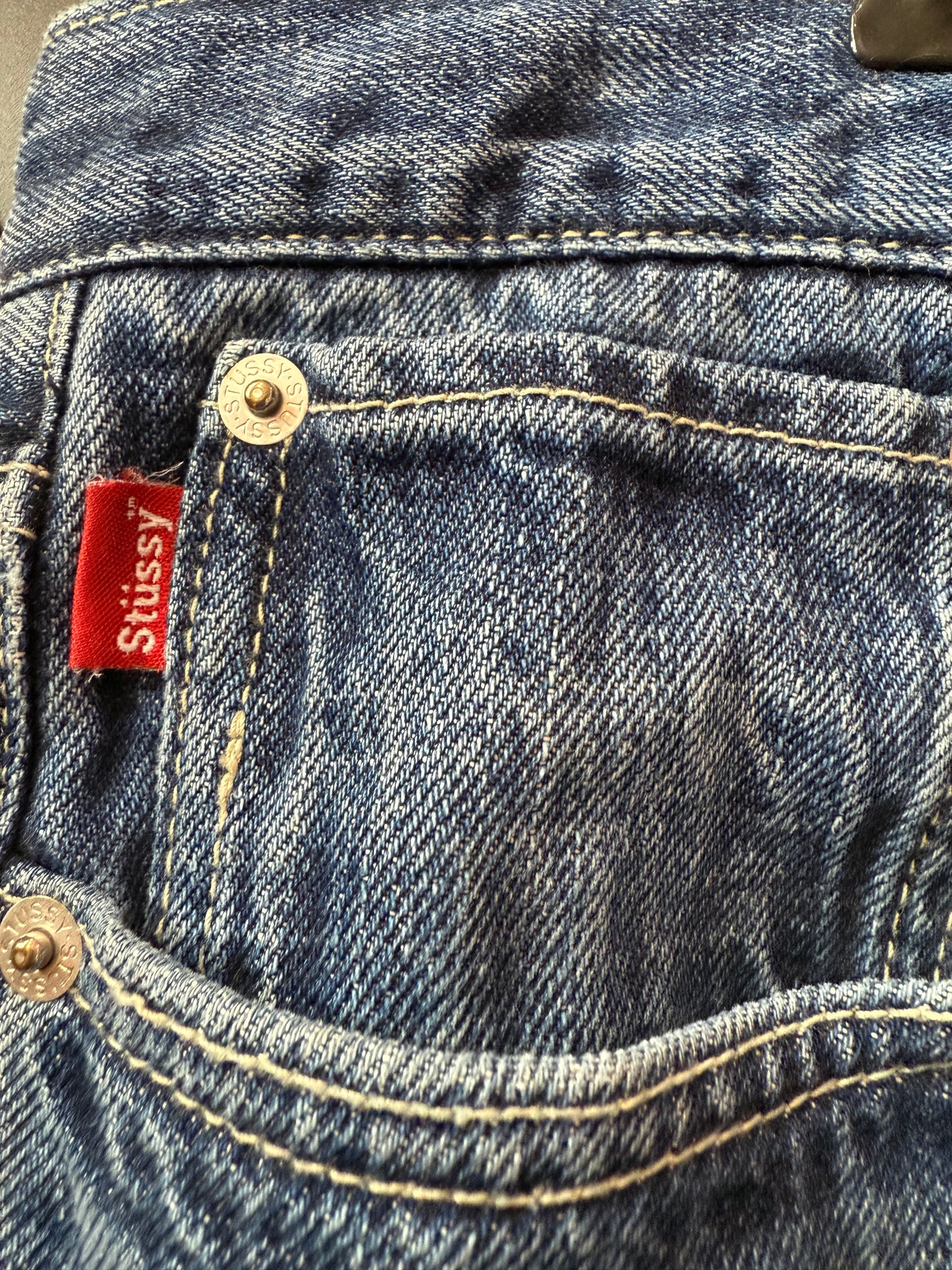 Vintage RARE Y2K Stüssy spell-out Jeans. Blue. 36” waist, 30” leg.