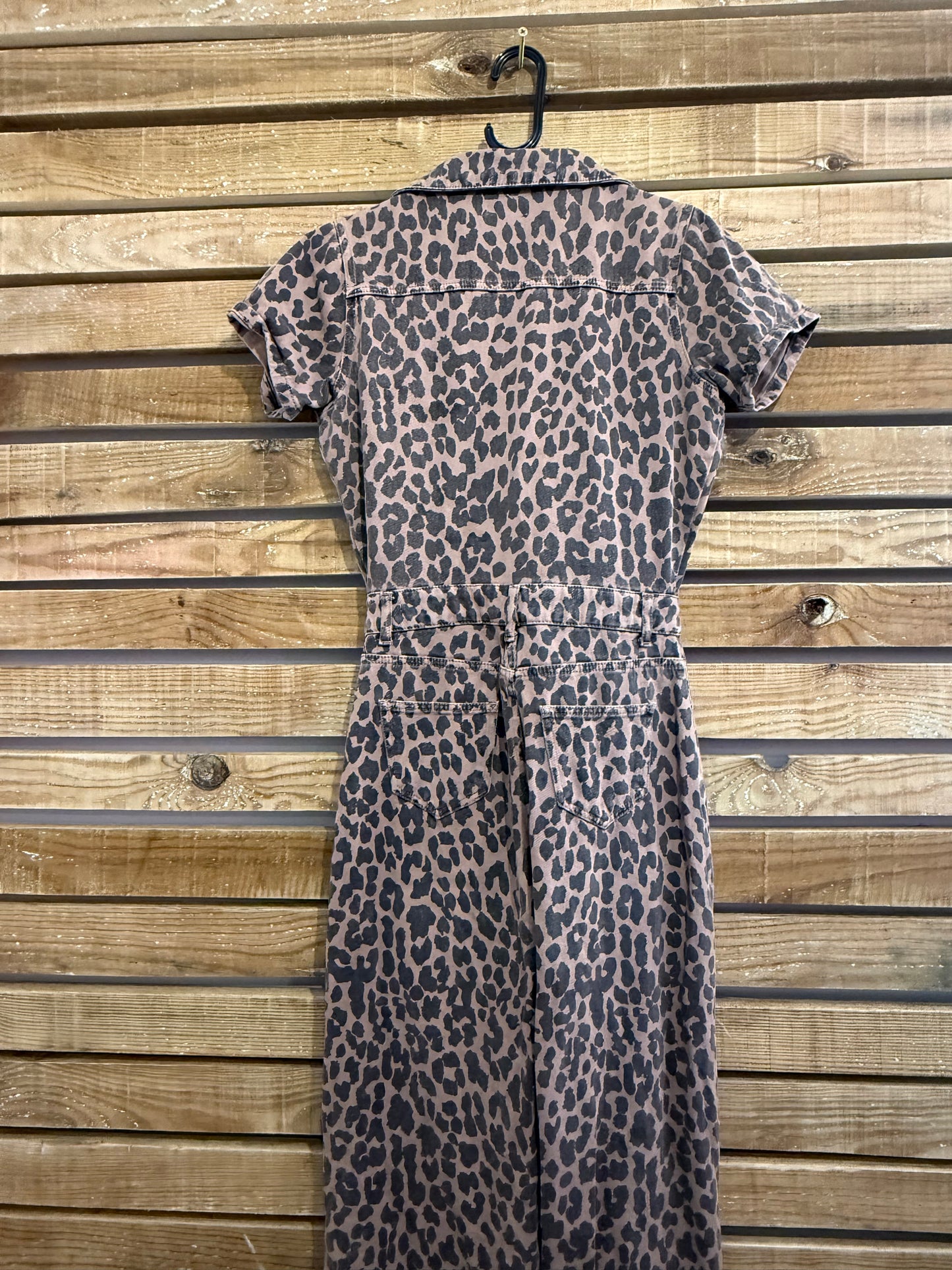 Leopard print denim jumpsuit. Size 8.