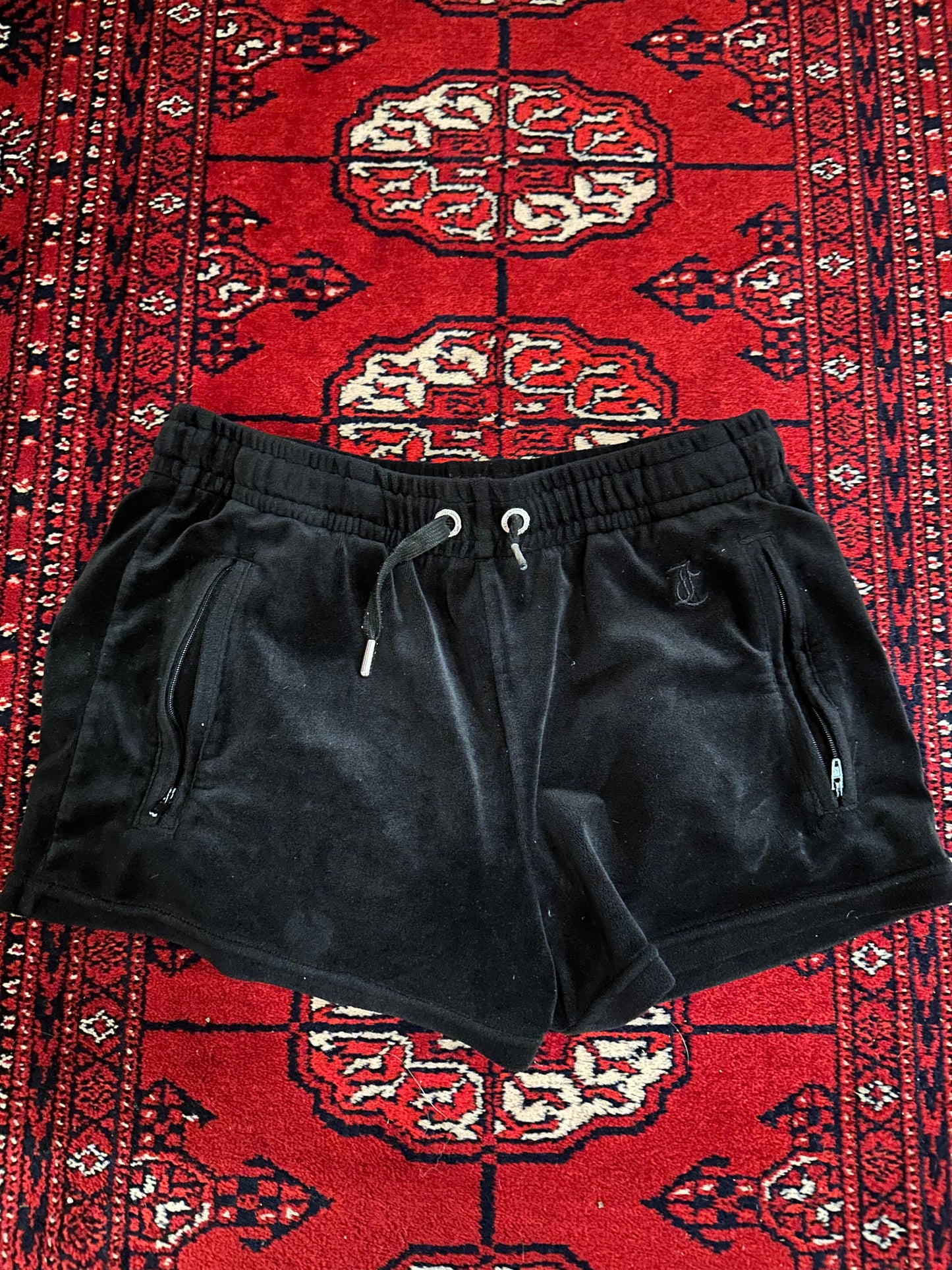 Vintage Y2K Juicy Couture velour black shorts. Spell-out rhinestone juicy back. Size Small.