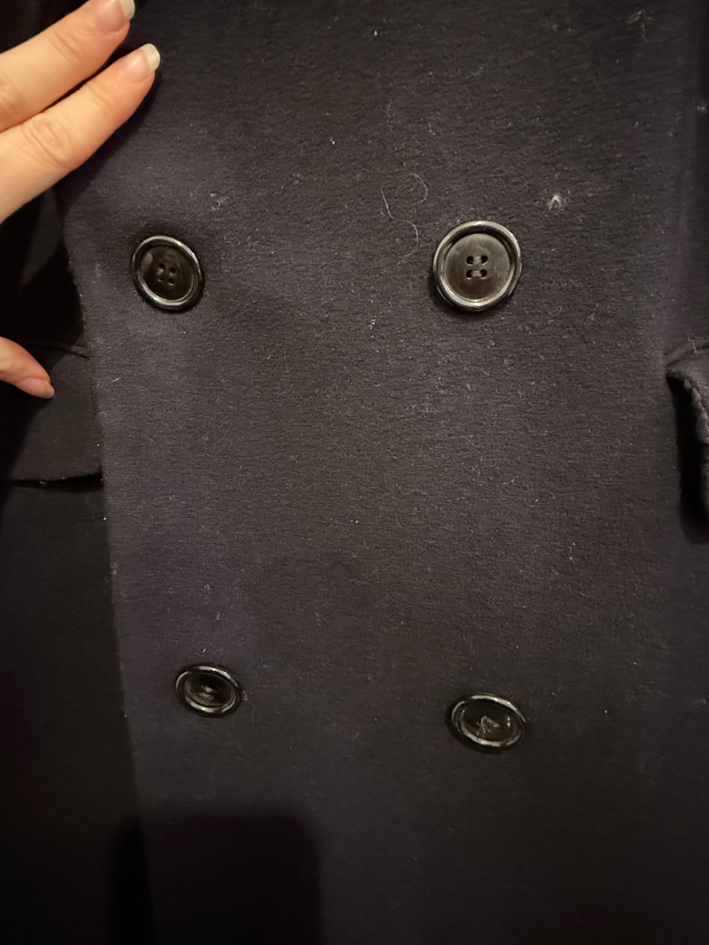 Vintage 80s Wool & Cashmere Douglas  double breasted Coat. Navy. Size large.