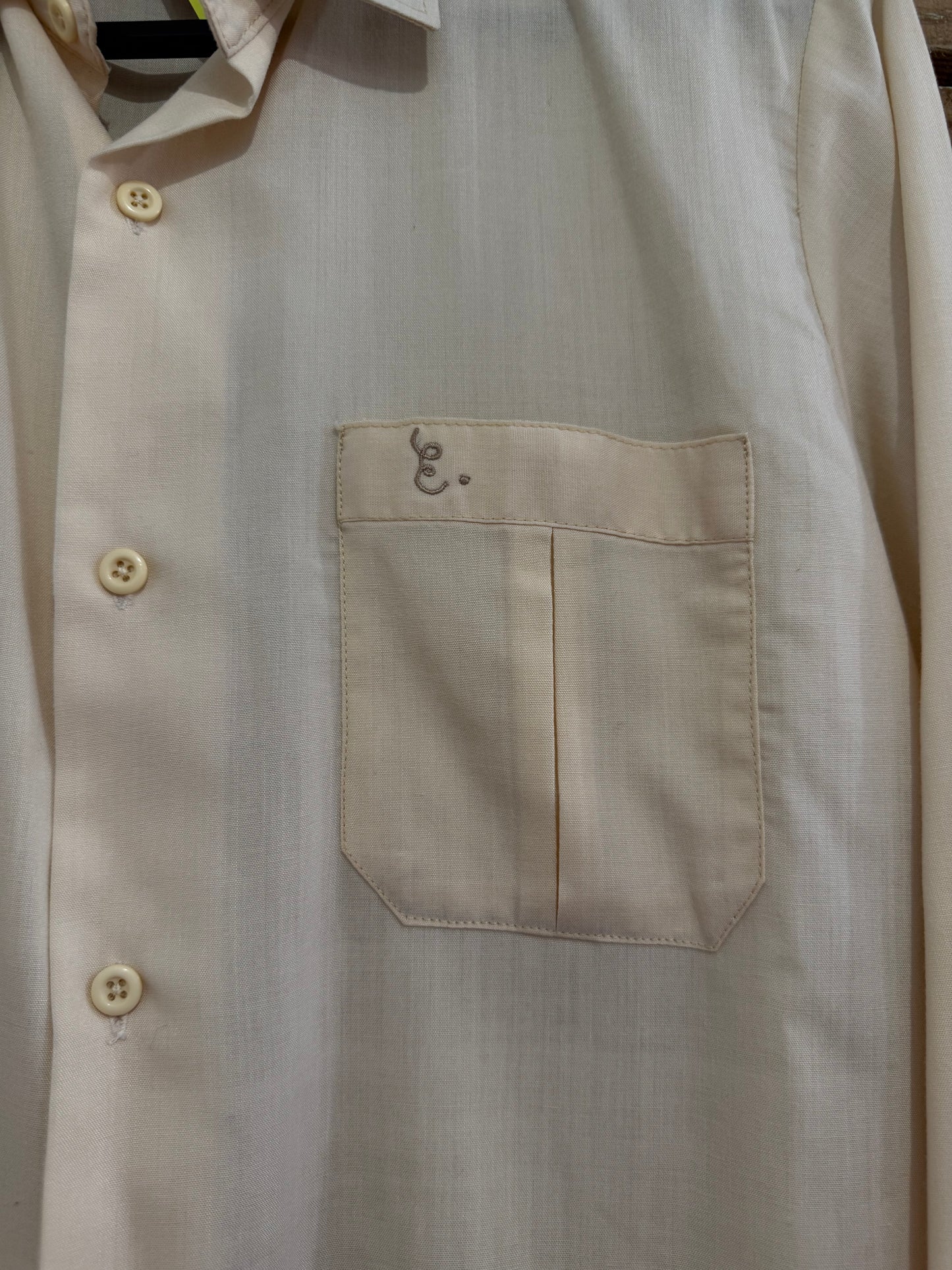 Vintage 80s cream cotton button up top/ shirt. “E” embroidered. Size Medium. 42” chest.