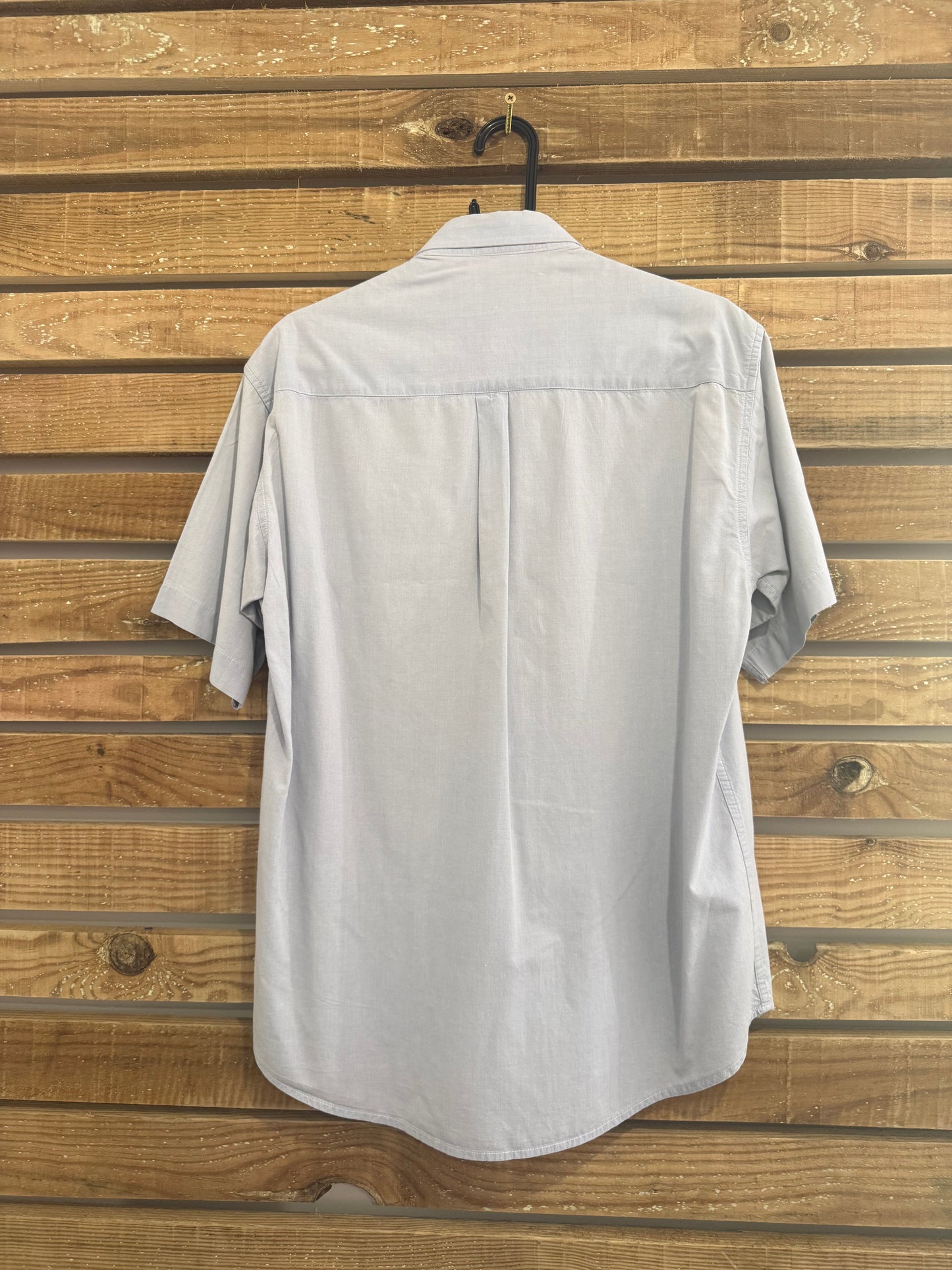 Vintage 90s Burberry blue cotton button up short sleeve shirt. Size Large. 44” chest. Nova check.