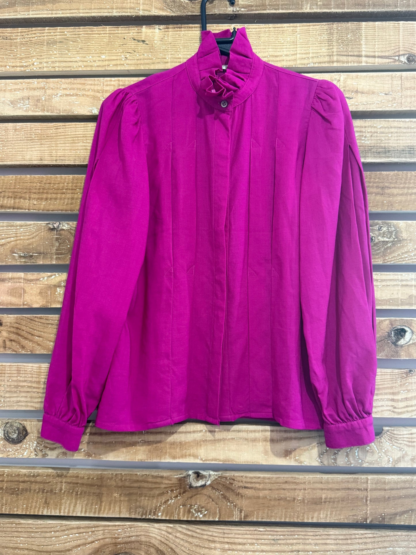 Vintage 80s fuschia ruffled blouse/ evening top. Free sizing up to a UK 14.