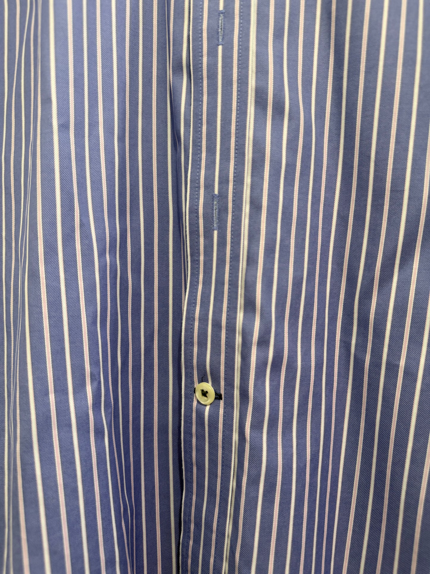 Racing Green striped shirt. Blue. 16” collar. Size Large.