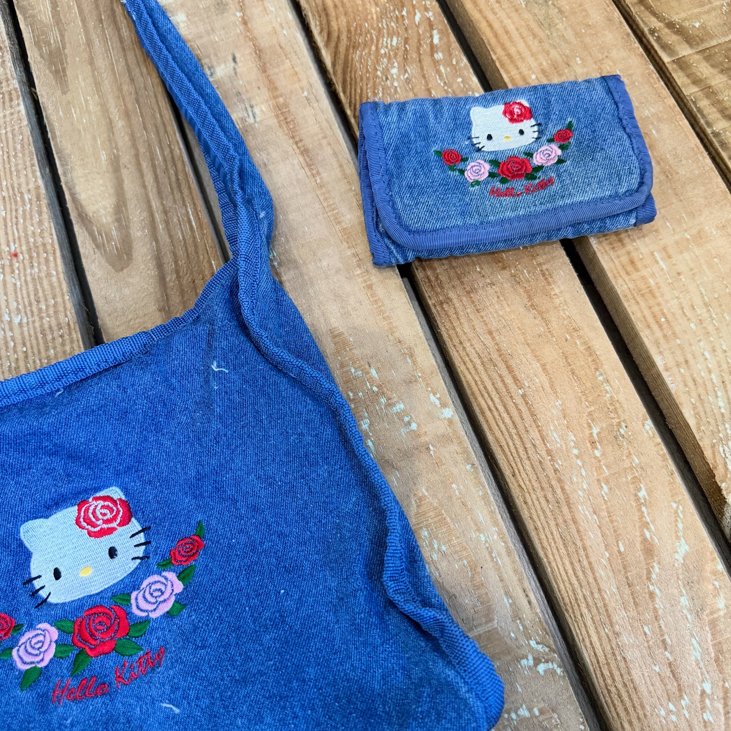 Vintage 90s RARE Hello Kitty denim shoulder bag with matching wallet/ purse. Embroidered.