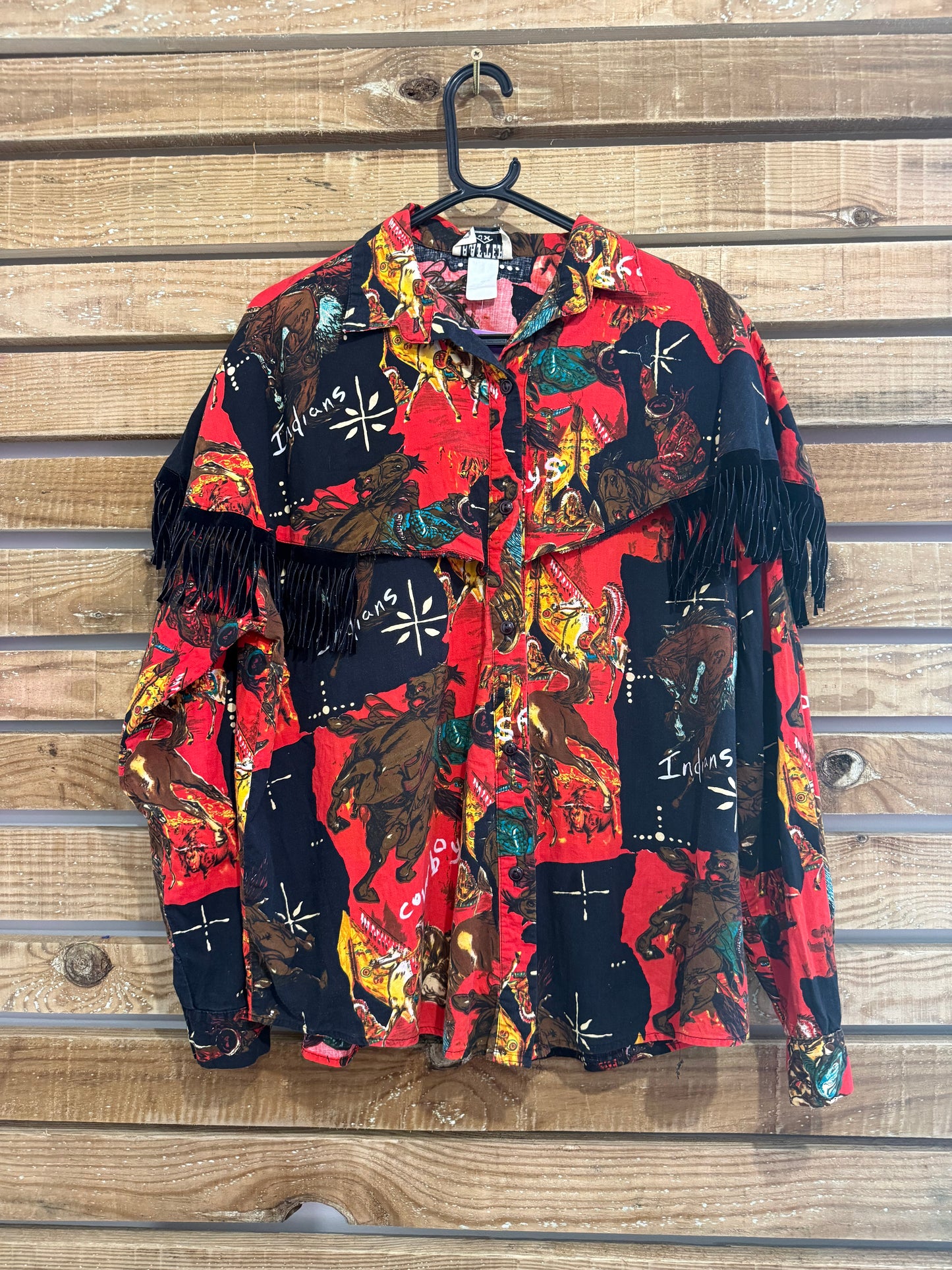 Vintage 80s Rafter Cowboy & Indians fringed western shirt. Made in USA. Size Large.