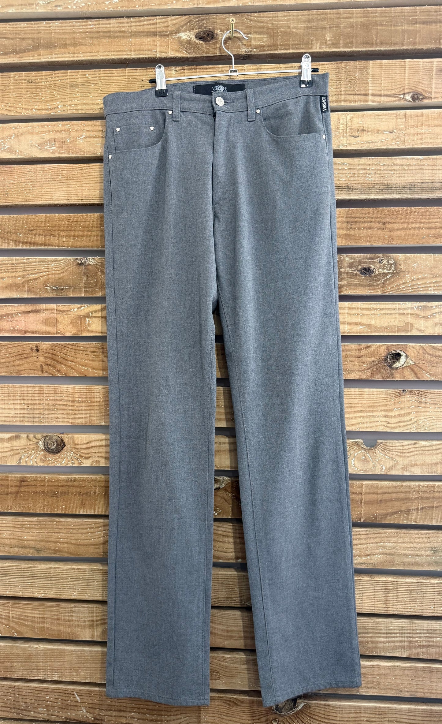 Vintage 90s Versace grey pants/ trousers. Jean style. Medusa head. 34” waist, 34”leg.