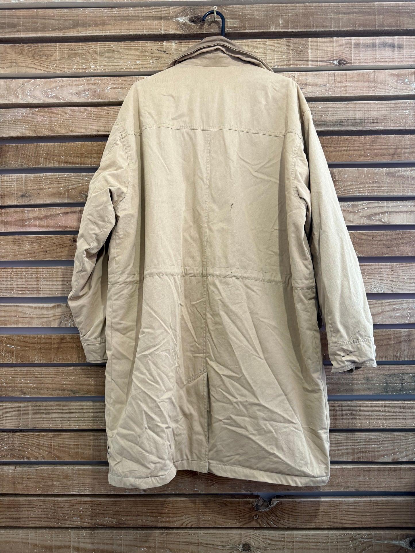 Vintage 90s Woolrich coat in beige. Plaid lined, leather collar. Size large.