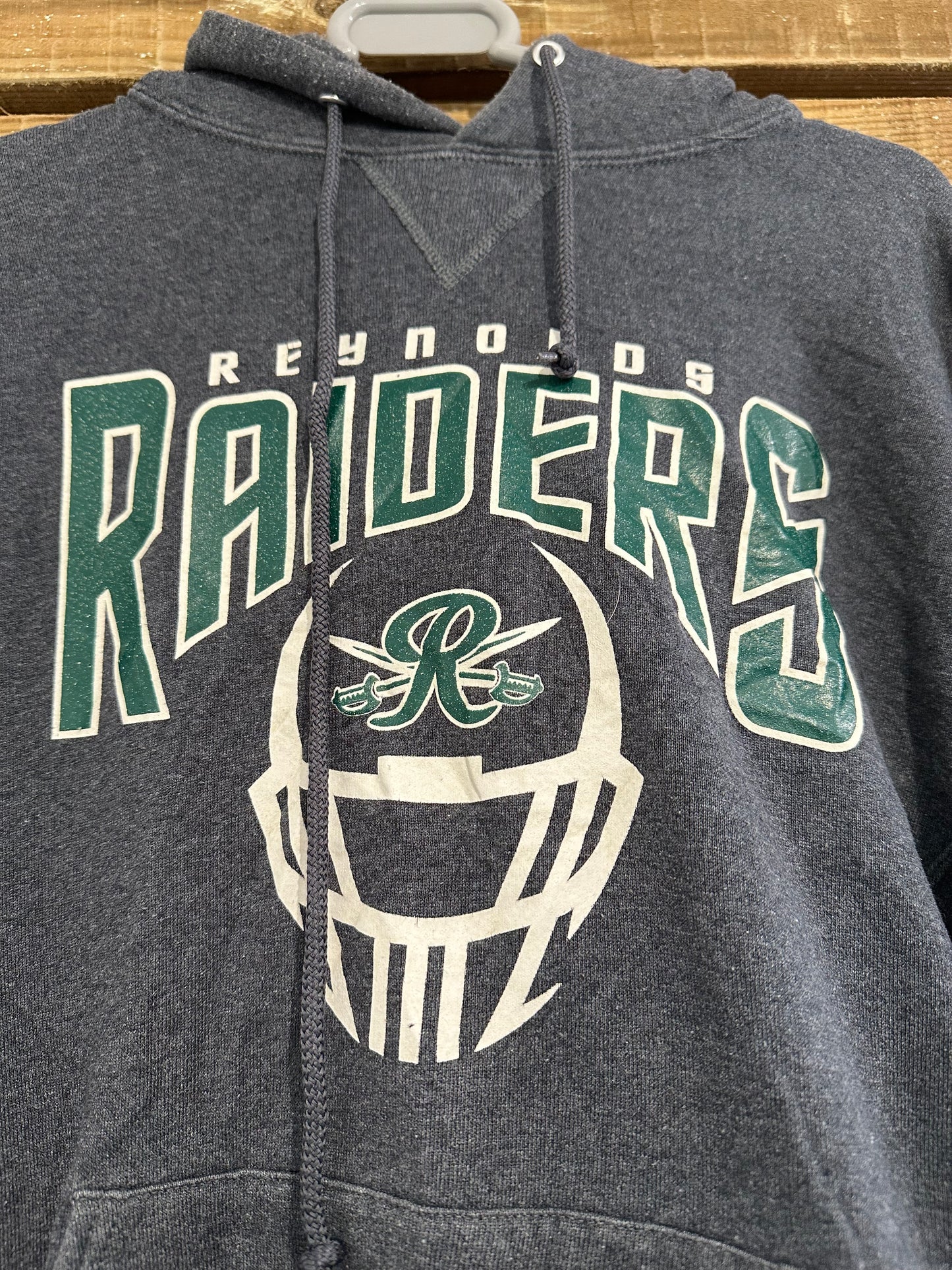 Vintage 90s Reynolds Raiders University hoodie/ hooded sweater. USA/ American. Grey. Size Medium