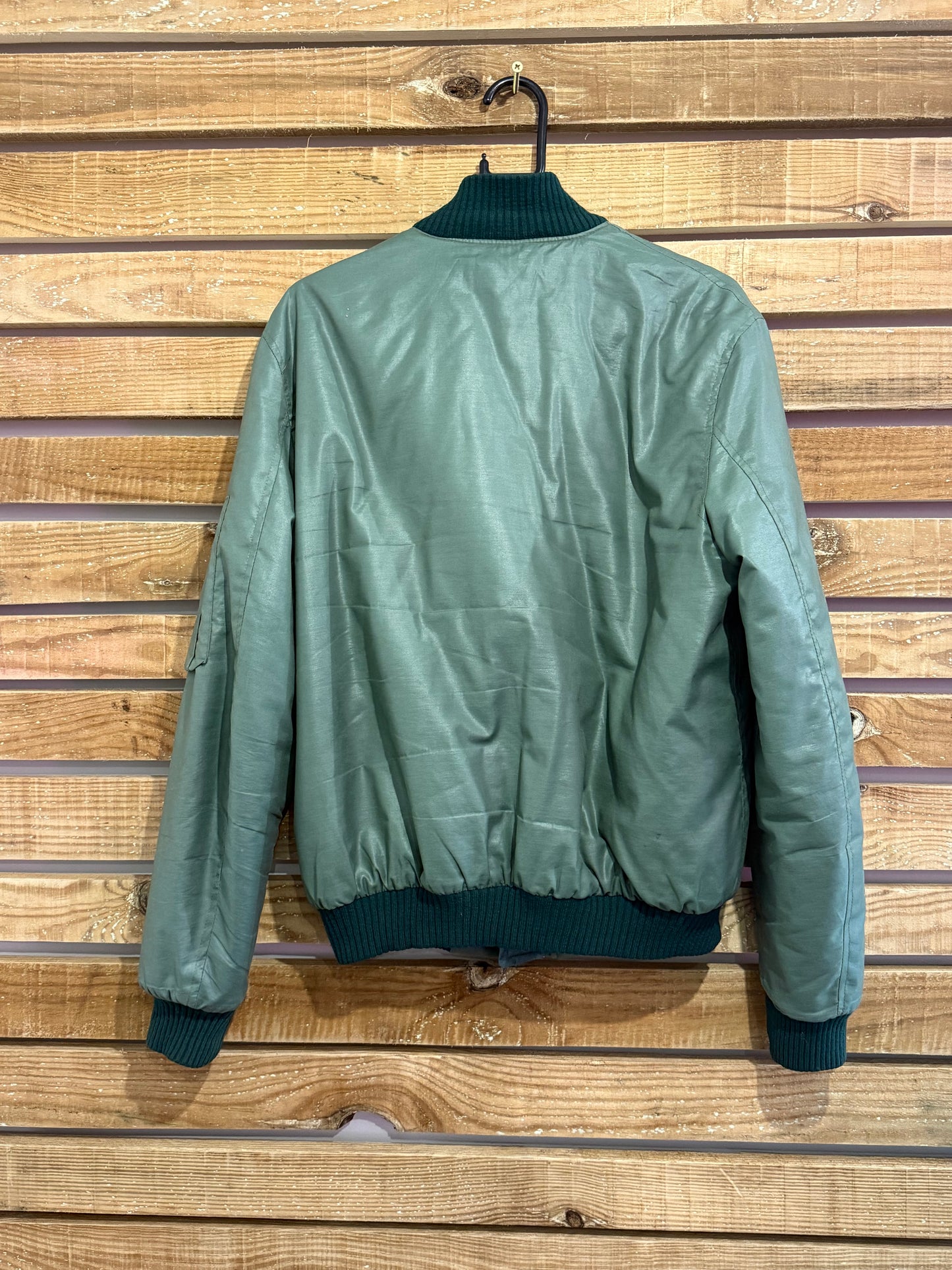 Vintage 70s MA1 bomber flight jacket. Made in England. Green. Size Medium.