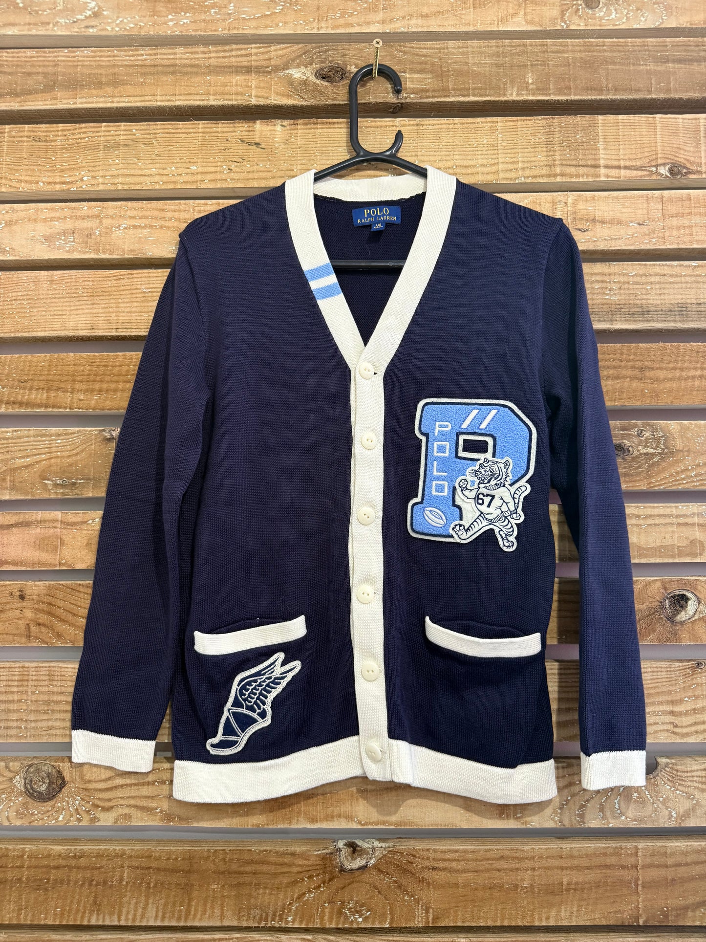 Vintage 90s Ralph Lauren Varsity knitted cardigan. Blue. Size Large.