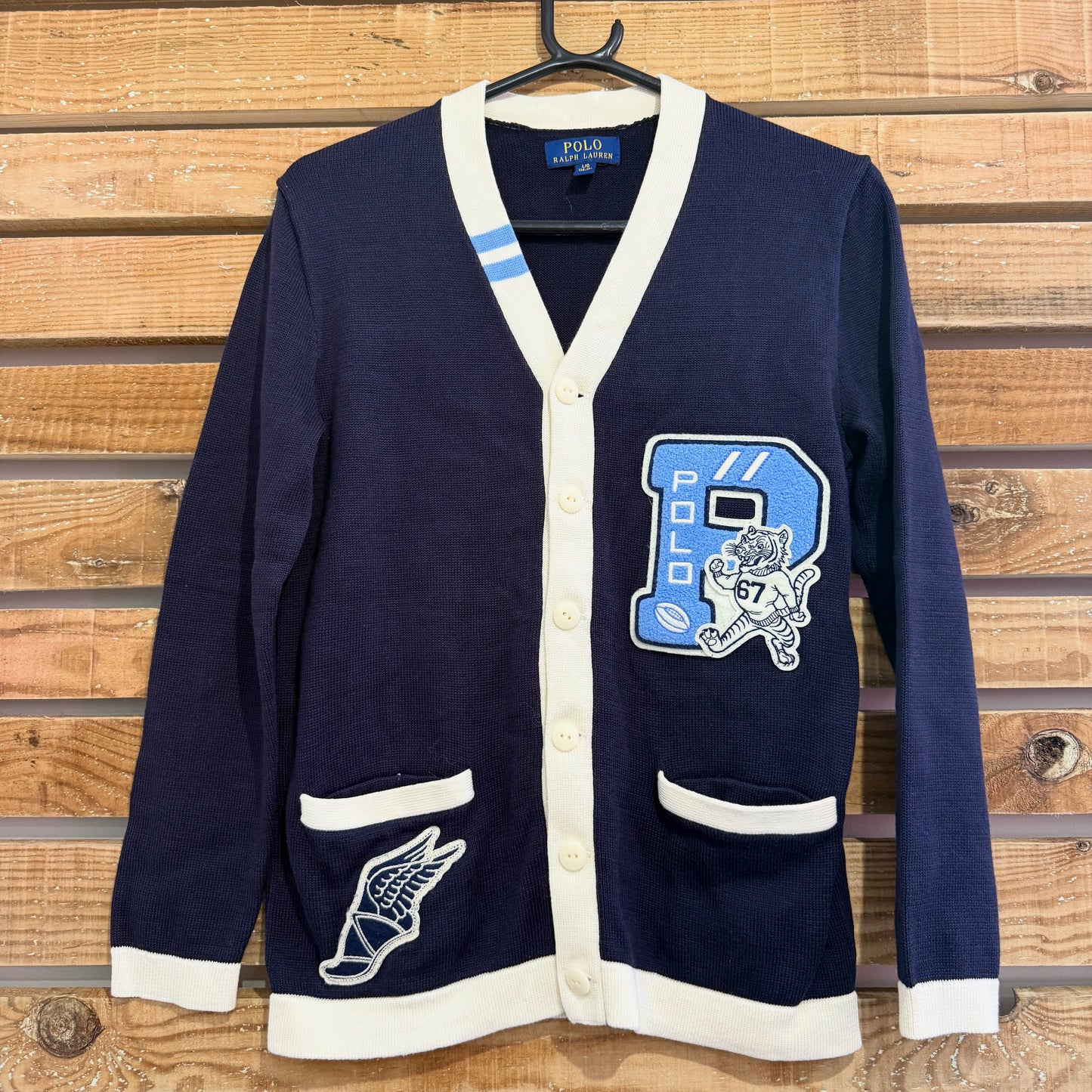 Vintage 90s Ralph Lauren Varsity knitted cardigan. Blue. Size Large.