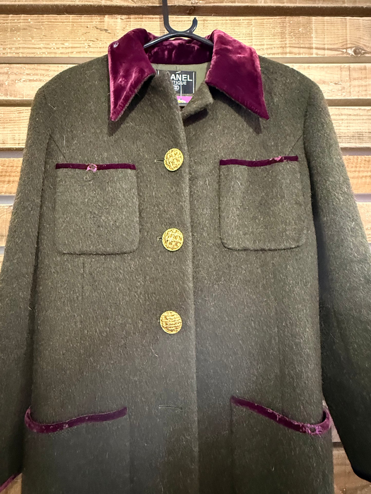 Vintage 90s Chanel Tweed & velvet Coat. Gold buttons. Free sizing.