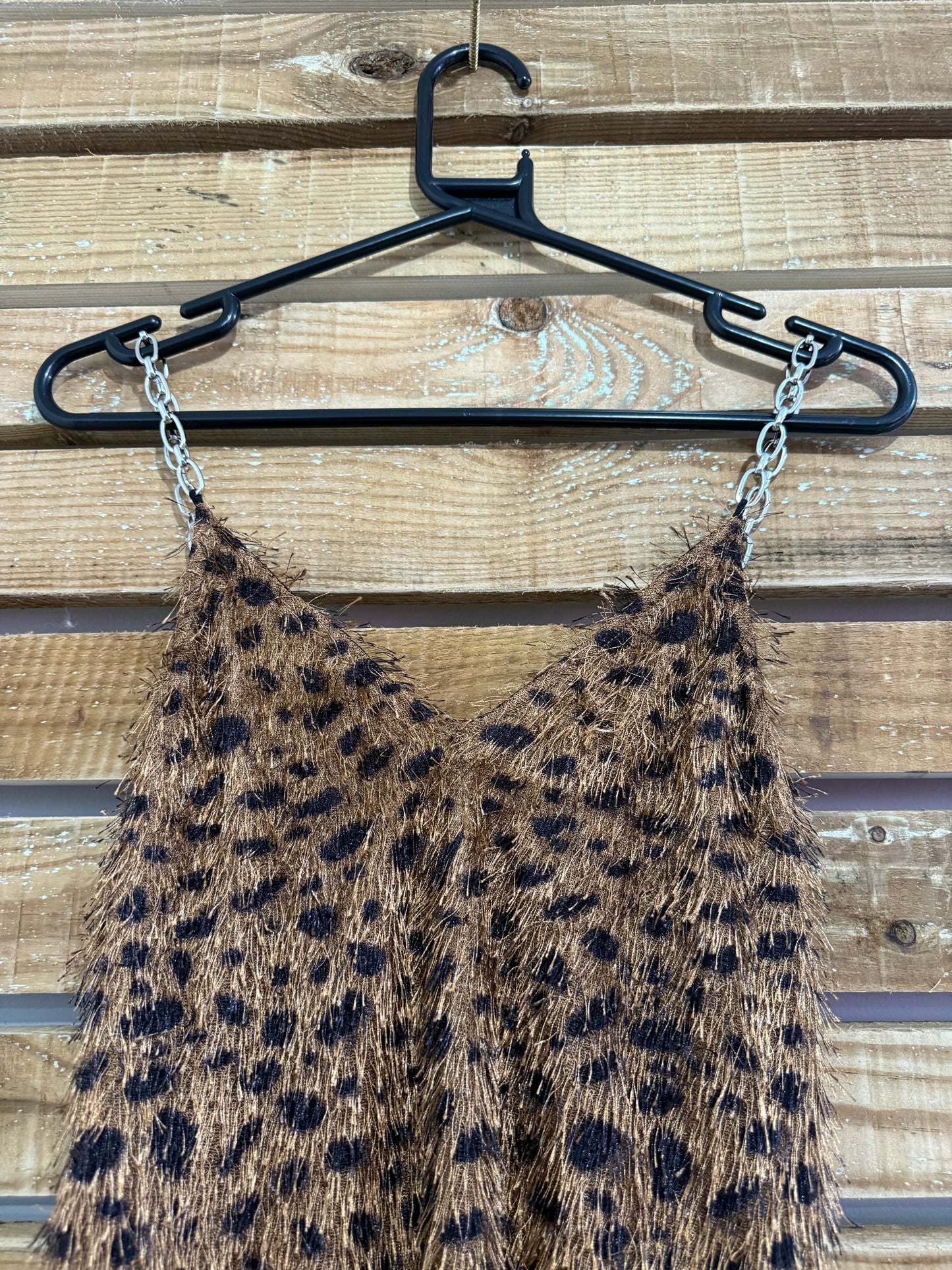 Vintage Y2K leopard print fluffy dress. Size 8. Festival. Chain detail.