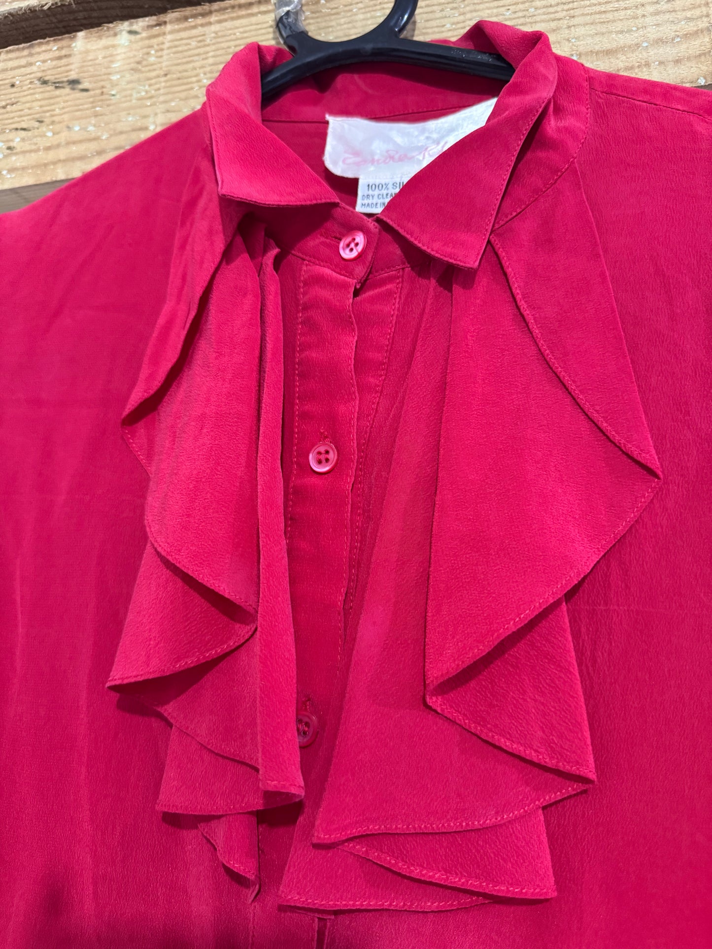 Vintage 80s Zandra Rhodes red ruffled silk blouse/ top. Free sizing up to a UK 12
