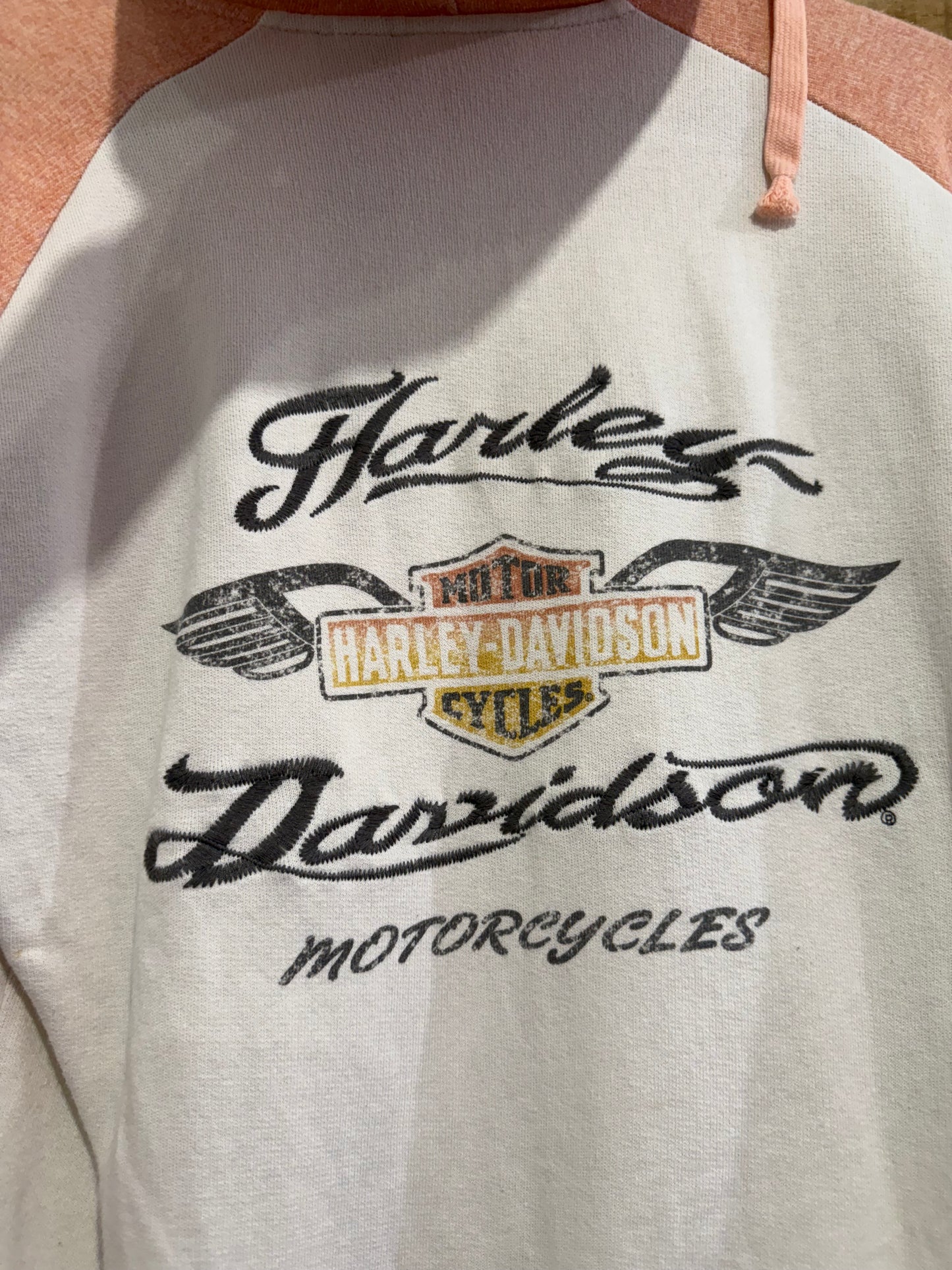 Vintage Y2K Harley-Davidson motorbike Spell-out hoodie. Hooded sweater. Pink. Size Large
