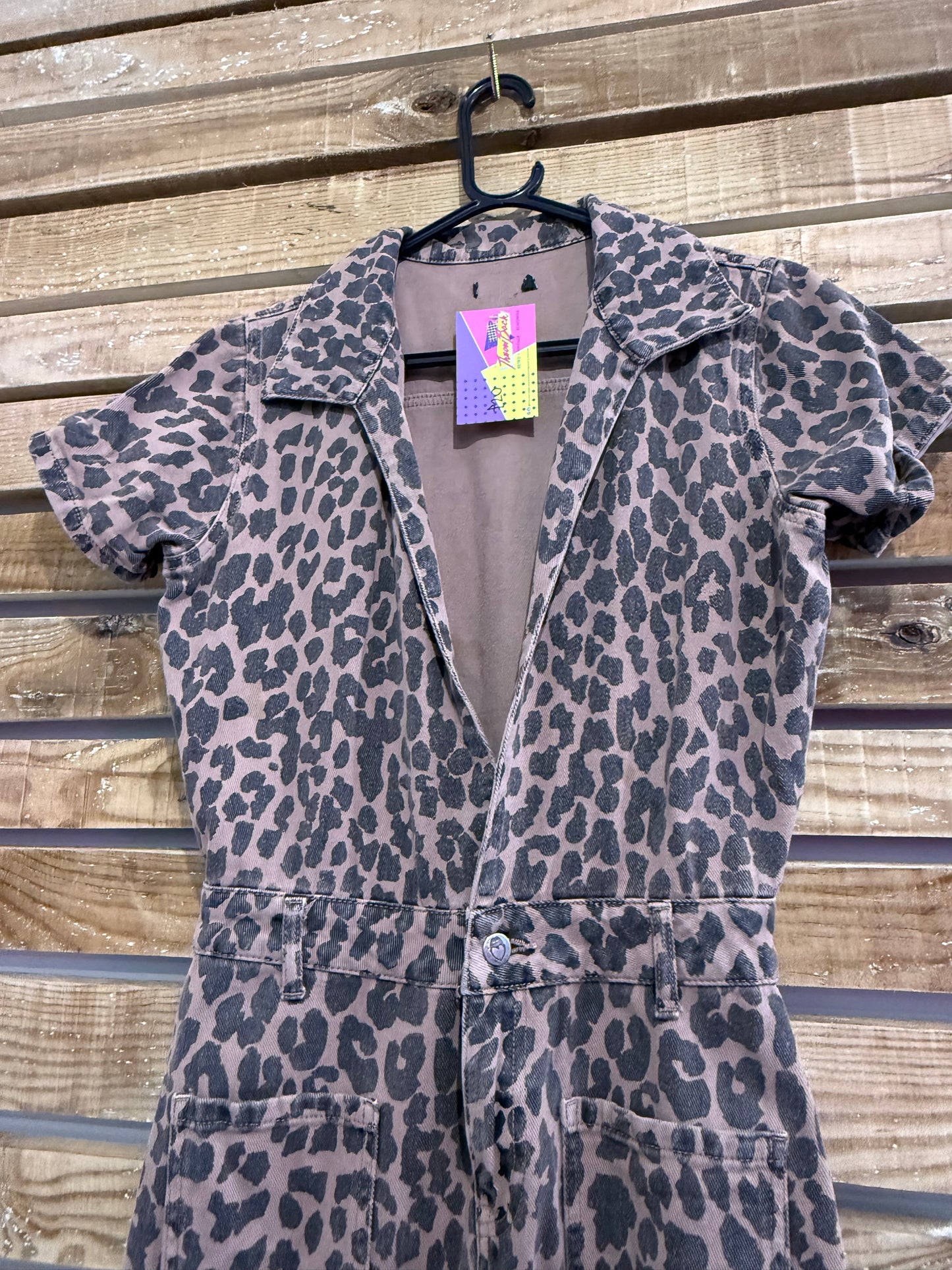 Leopard print denim jumpsuit. Size 8.