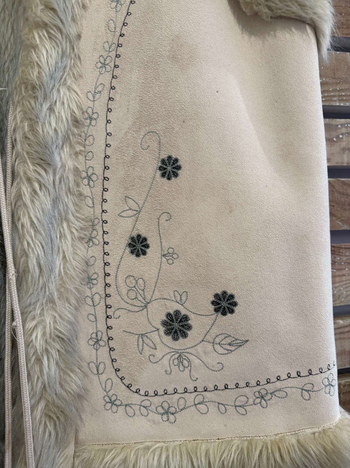 Vintage 90s does 70s embroidered boho hippy Faux Fur/ Fluffy Gilet/Sleeveless Jacket/ Gilet. Festival.