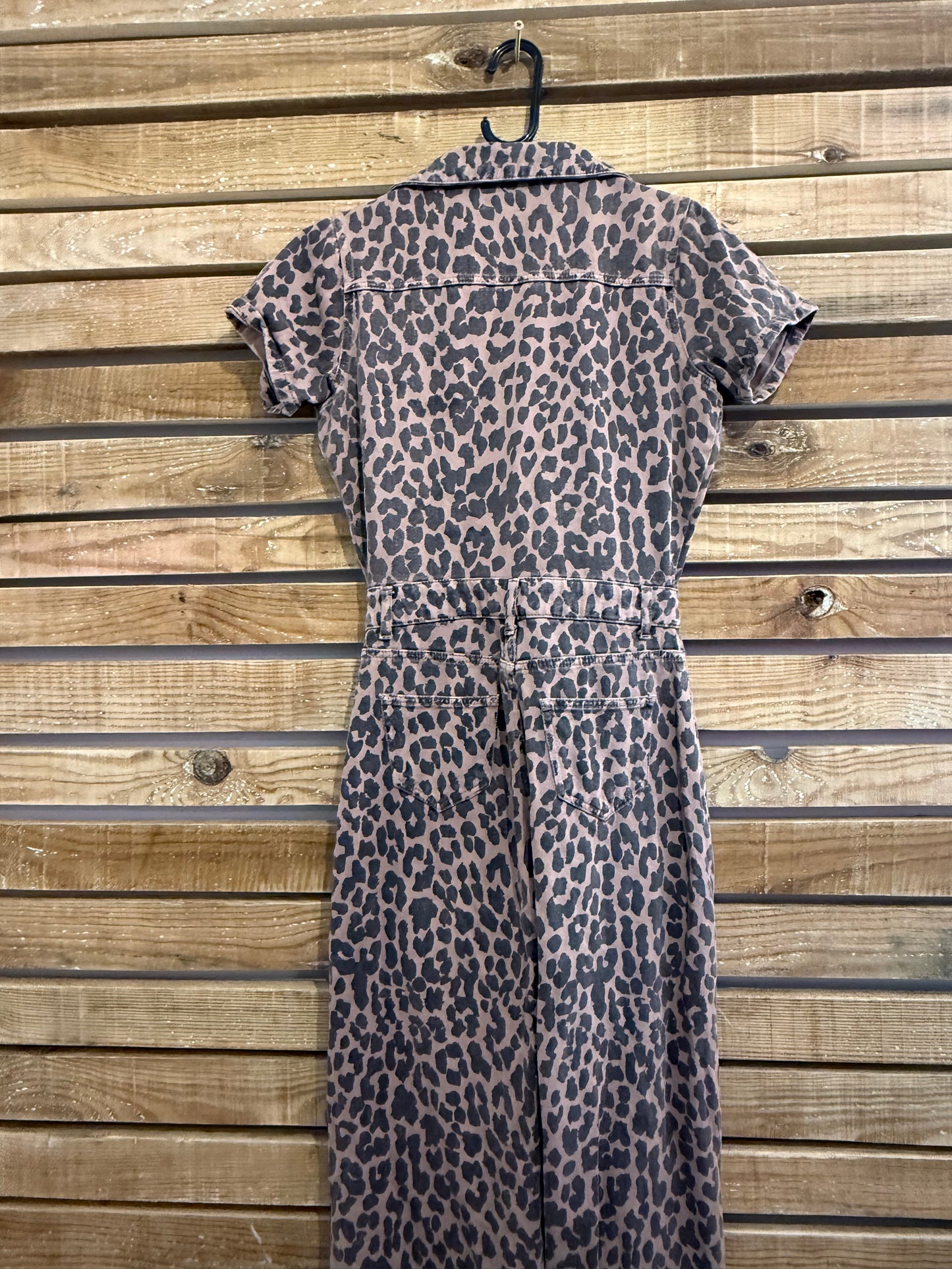 Leopard print denim jumpsuit. Size 8.