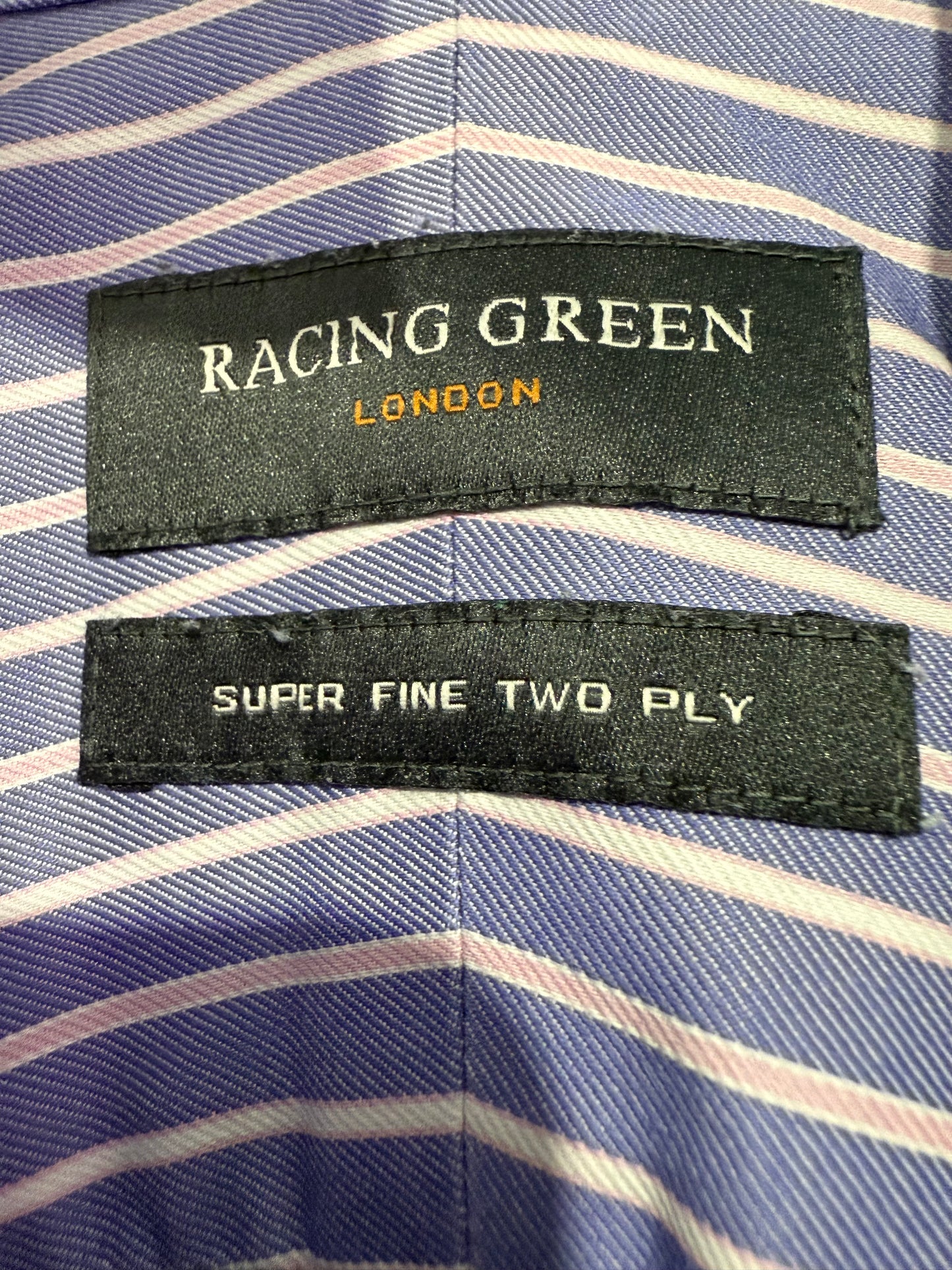 Racing Green striped shirt. Blue. 16” collar. Size Large.