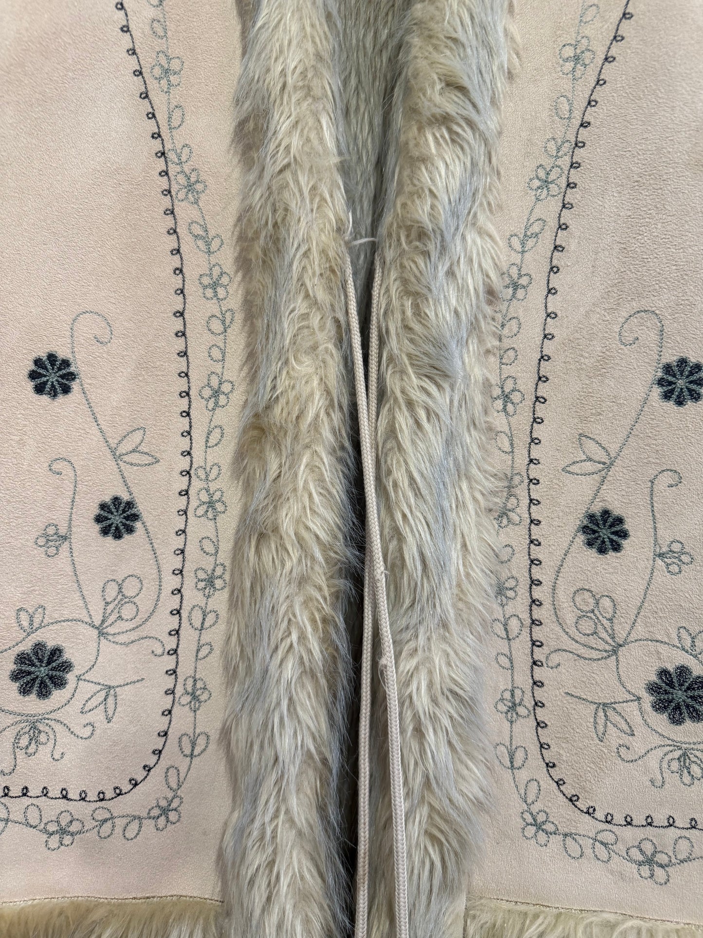Vintage 90s does 70s embroidered boho hippy Faux Fur/ Fluffy Gilet/Sleeveless Jacket/ Gilet. Festival.