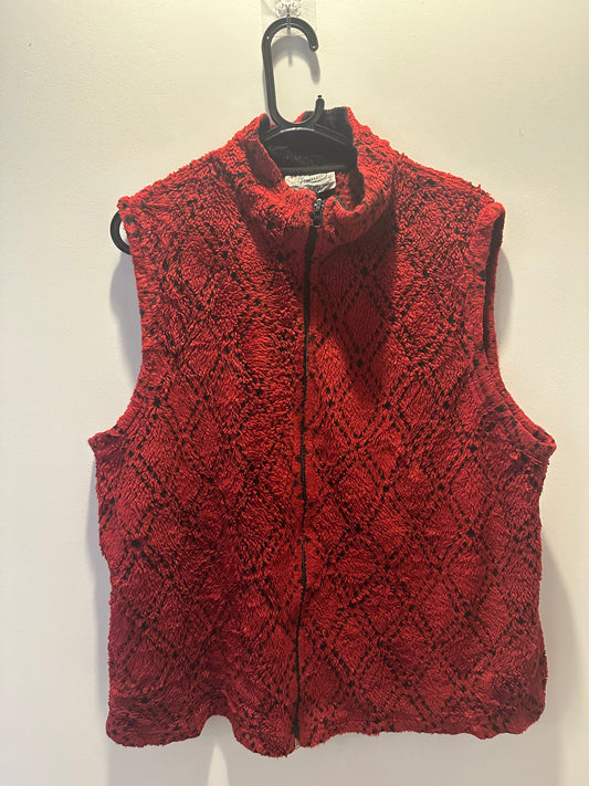 Vintage 90s patterned red fleece. Zip up gilet/ sleeveless. Size Large.