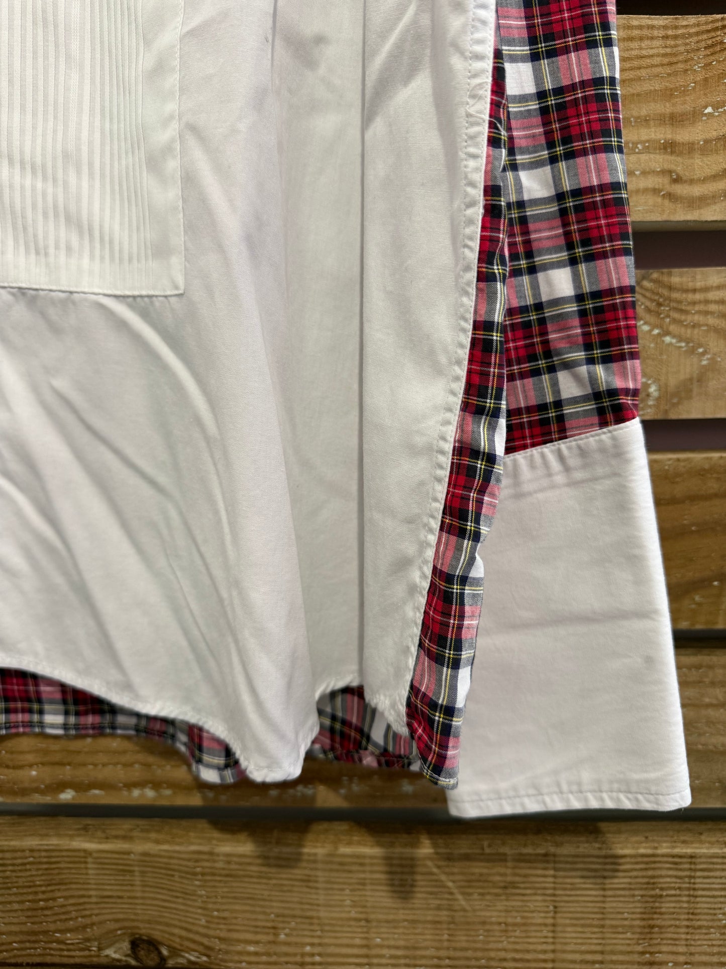 Frederick Theak white and tartan Dress Shirt - French Cuffs, Size 16 collar. Size XL. Black tie.