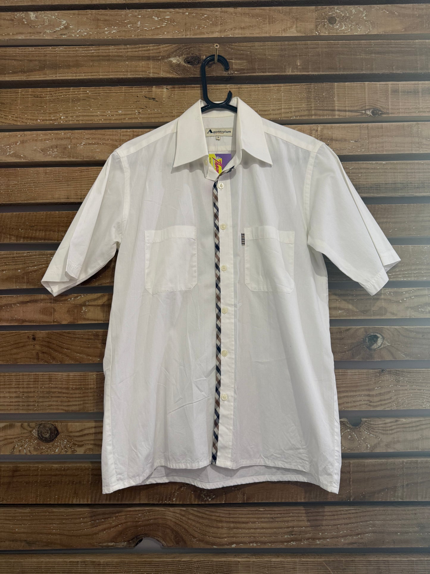 Vintage 80s Aquascutum white with nova check pattern button up shirt. Size Medium.
