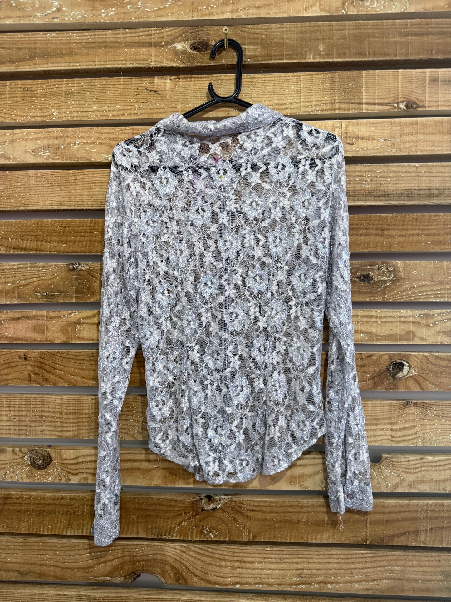 Vintage 90s Faust lace sheer blouse. Size Small. Silver.
