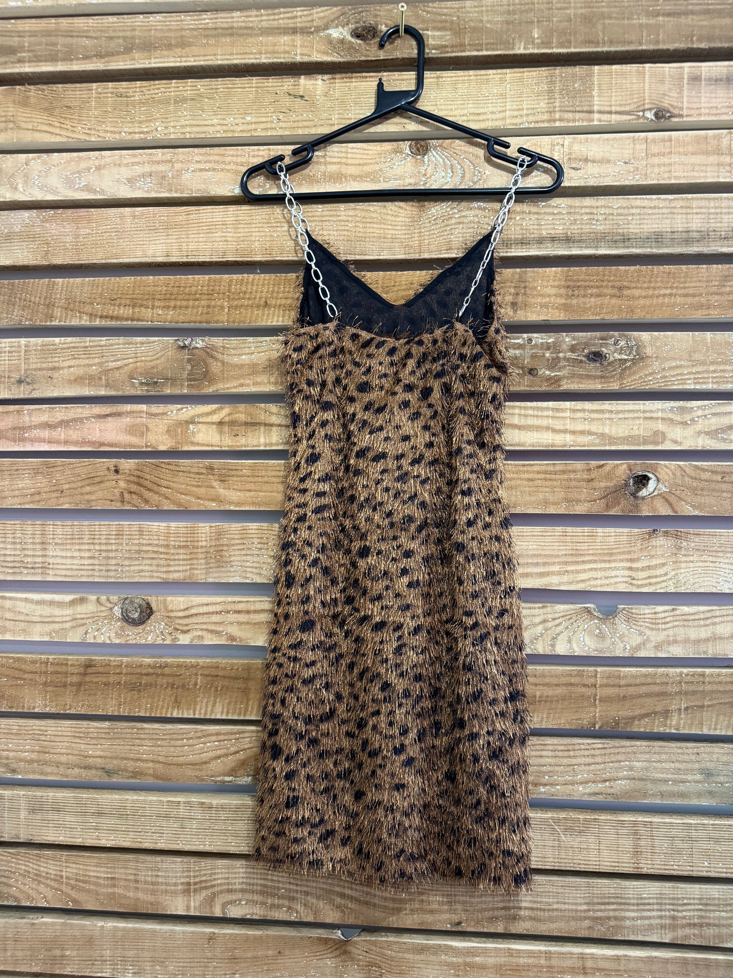 Vintage Y2K leopard print fluffy dress. Size 8. Festival. Chain detail.
