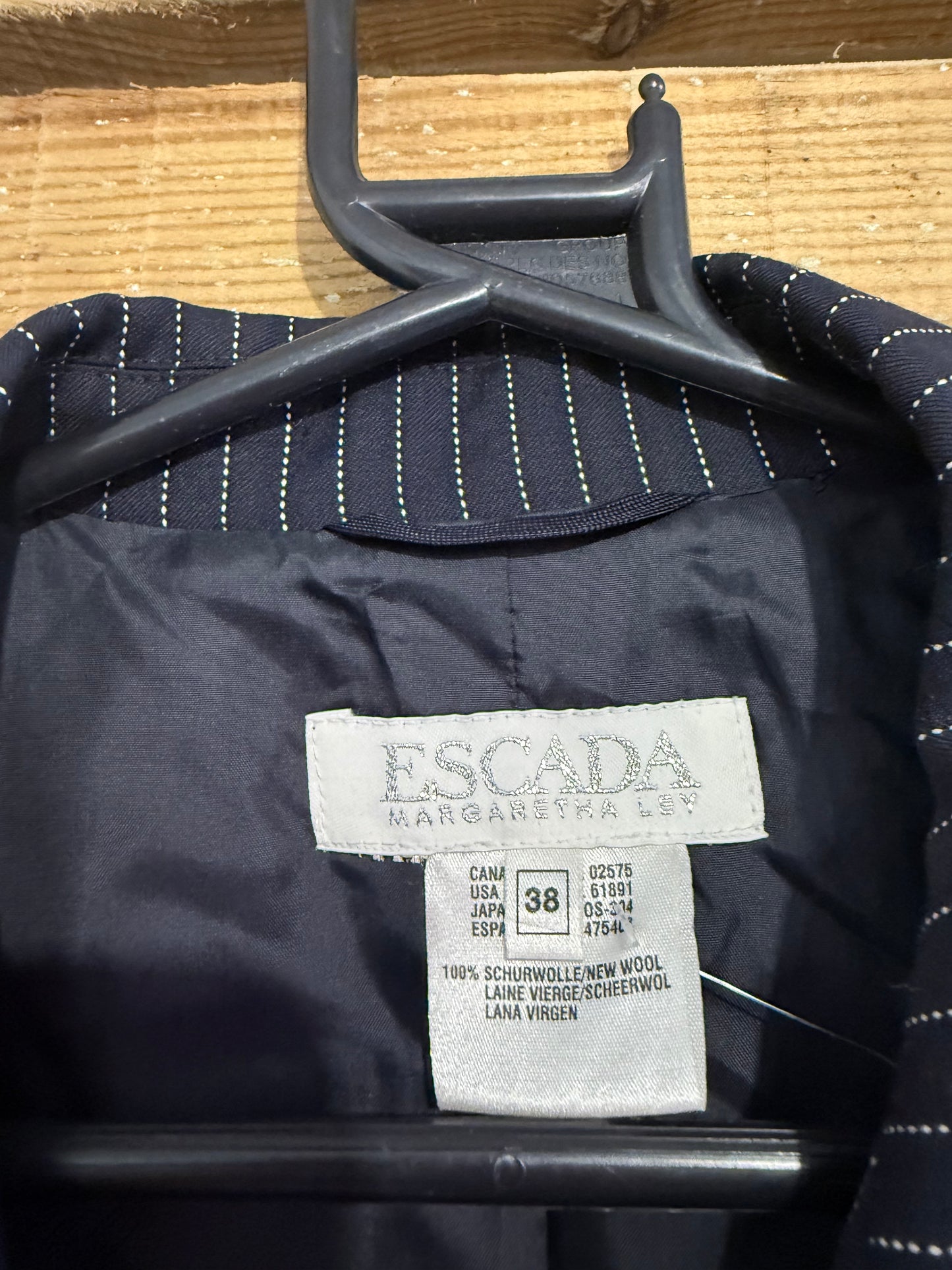 Vintage 80s Escada blue pinstripe button up jacket. Size 38. Up to a UK14.