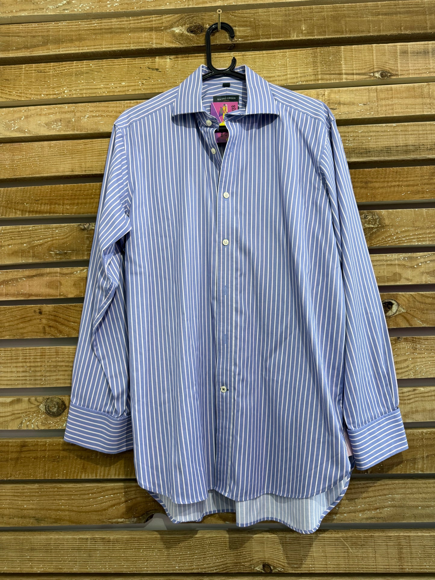 Racing Green striped shirt. Blue. 16” collar. Size Large.