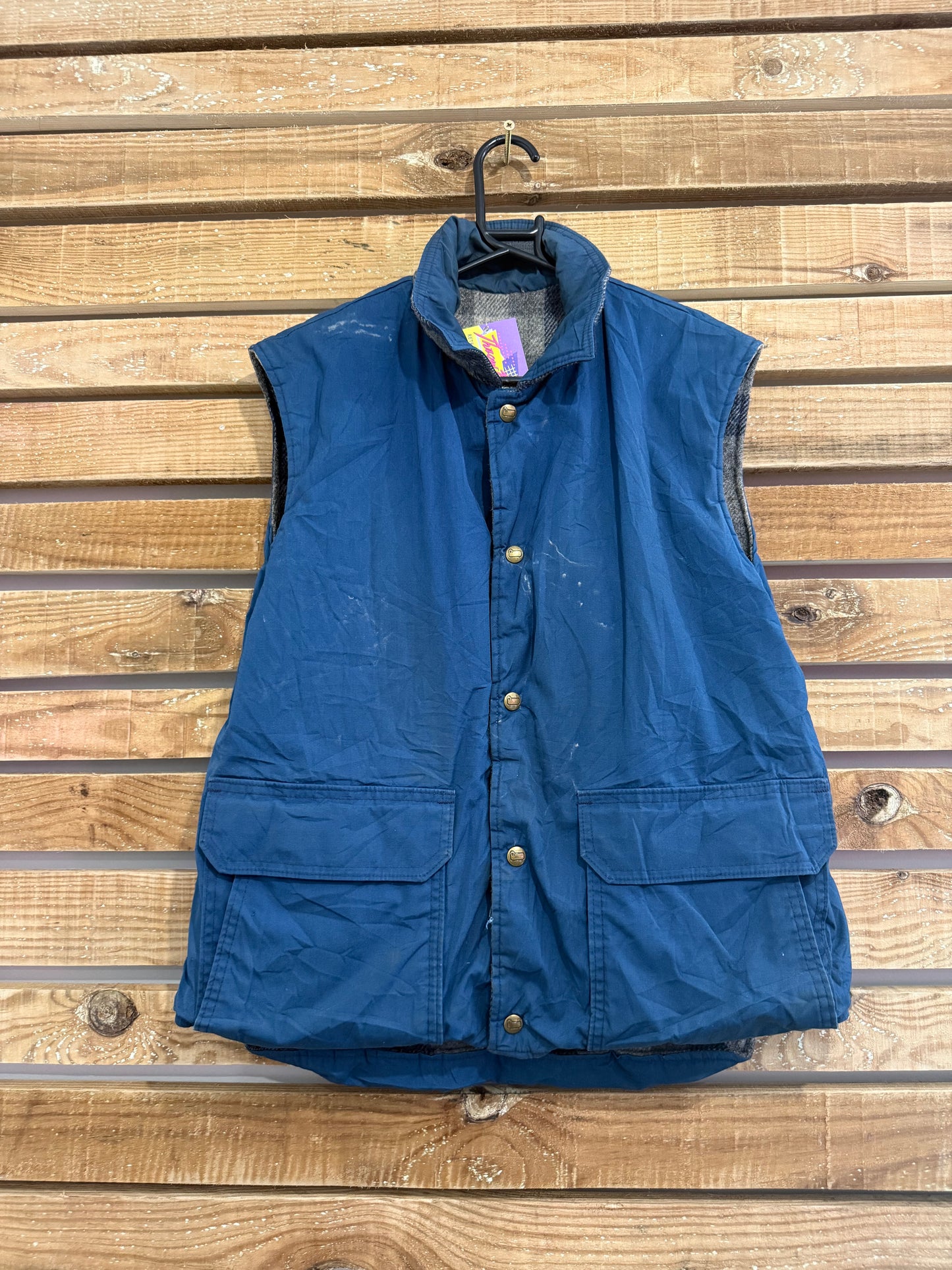 Vintage 80s Woolrich reversible checked wool/ waterproof gilet/ sleeveless jacket. Size Large. Workwear.